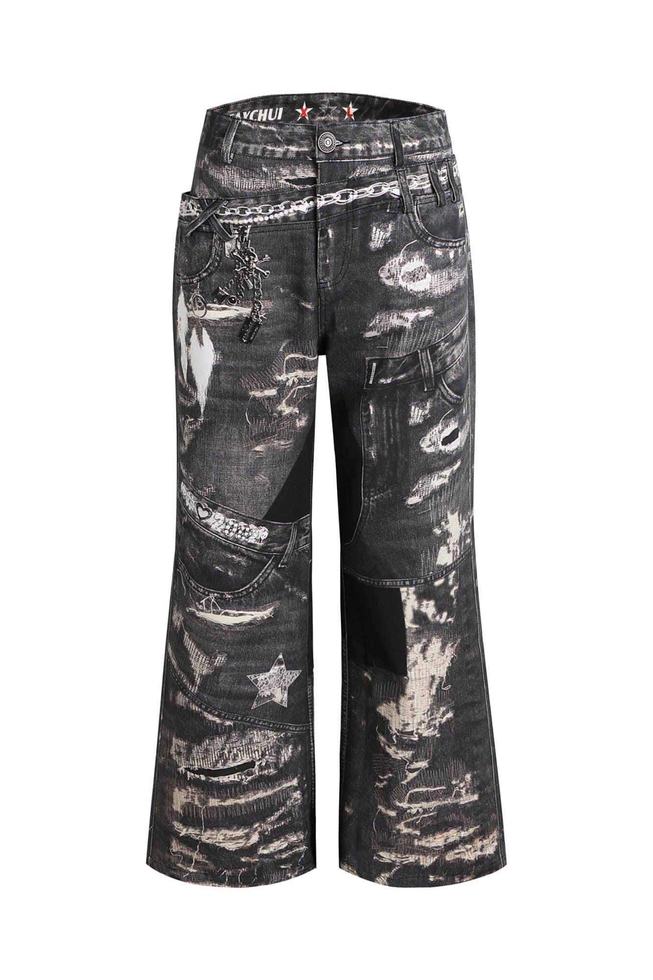 DND4DES×Faychui Deconstructed Graphic Double-Waist Distressed Jeans