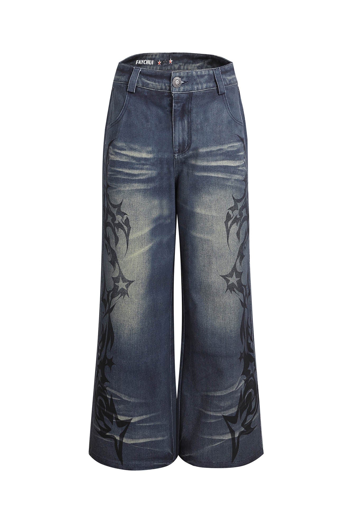 DND4DES×Faychui Acid Graphics Distressed Wide-Leg Jeans