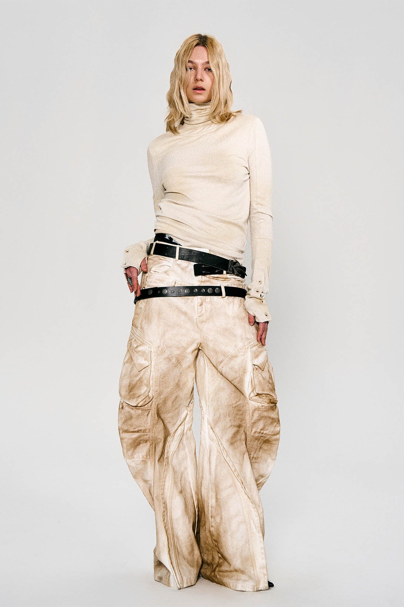 FLYERRER Rusted Double-Waist Multi-Pocket Curved-Leg Cargo