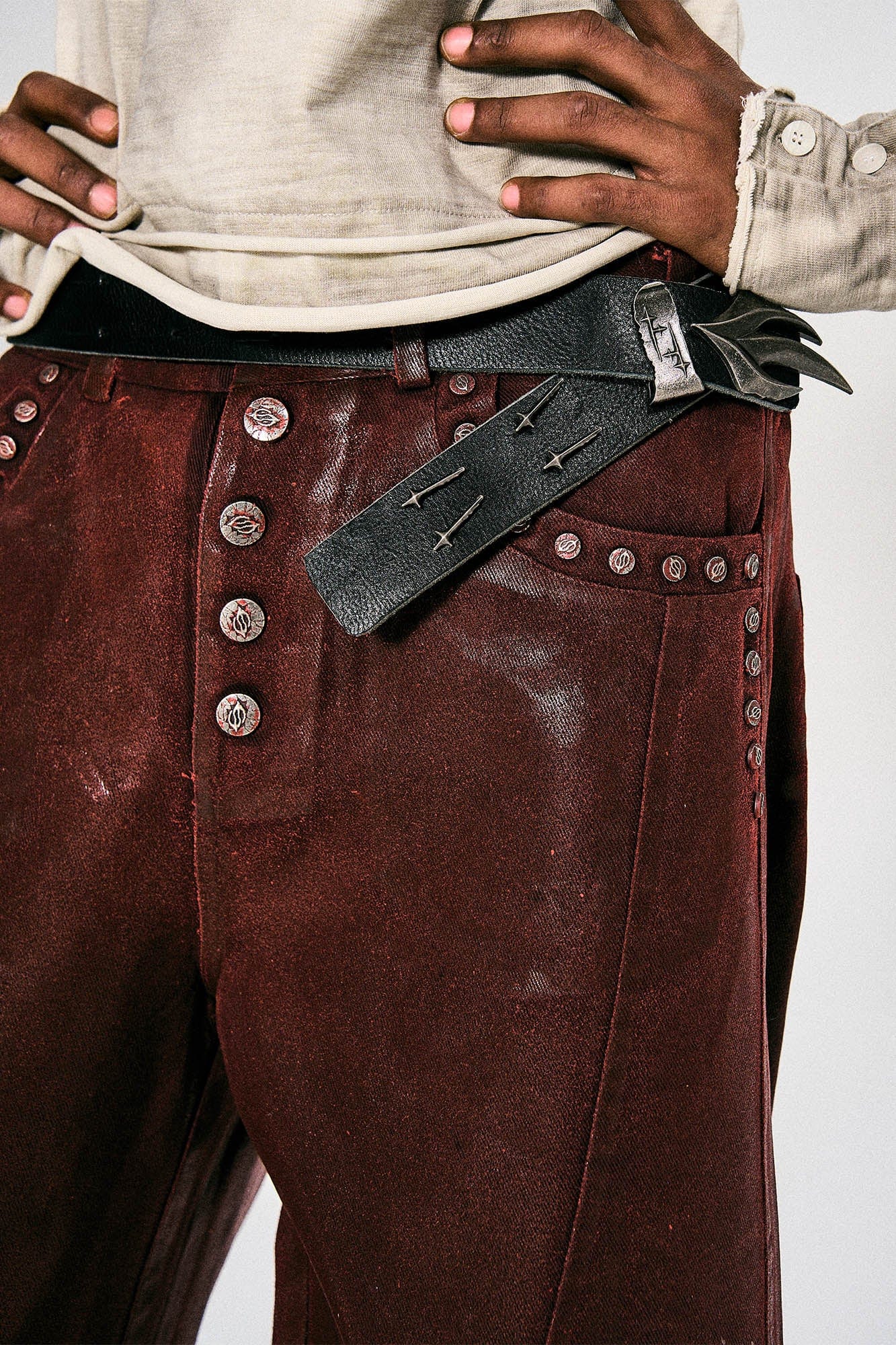 FLYERRER Waxed Spliced Studded Flared Pants