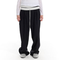 WHISTLEHUNTER Pinstriped Pleated Drawstring Wide-Leg Pants