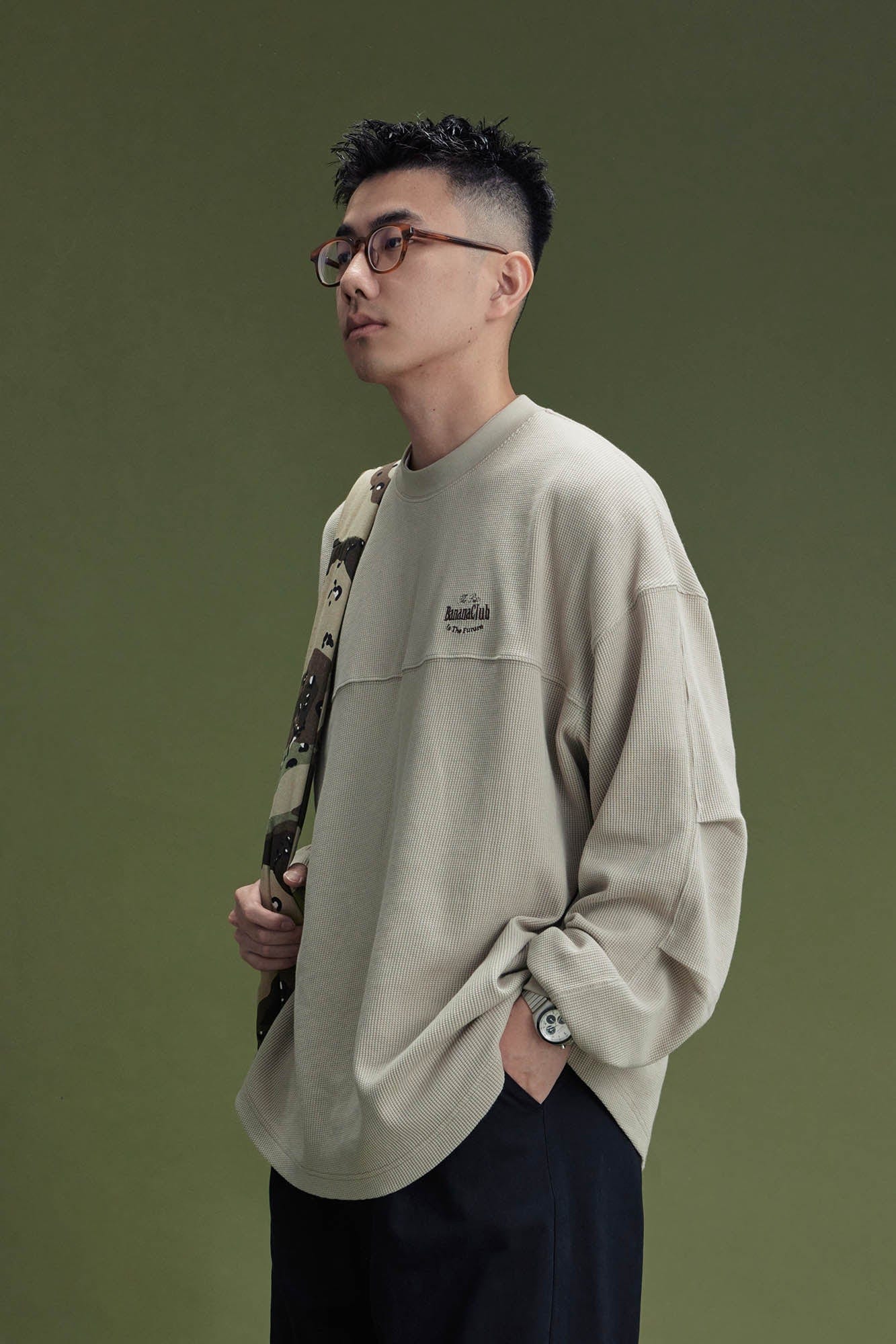 BANANA CLUB Waffle Knit Spliced Long-Sleeve Tee