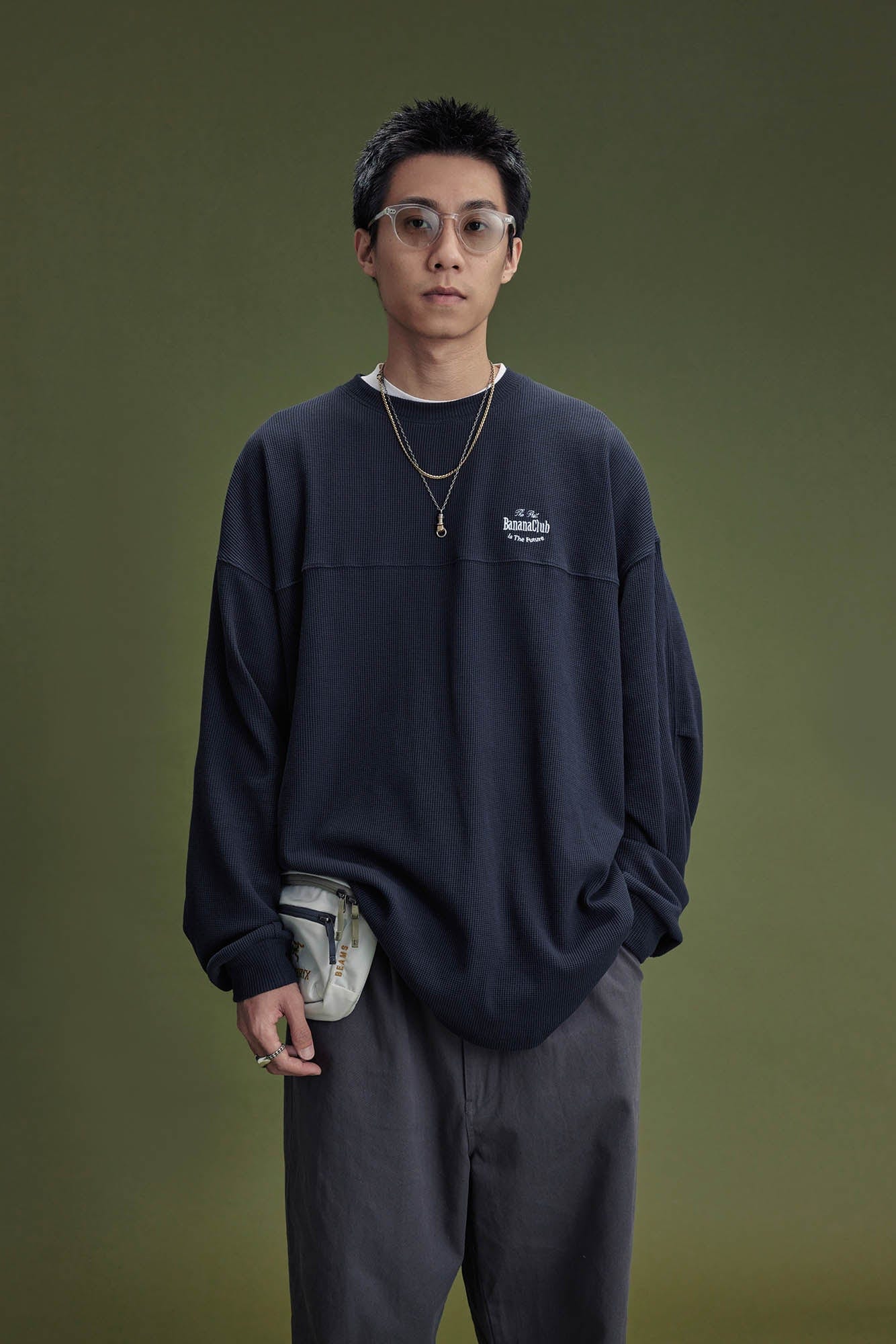 BANANA CLUB Waffle Knit Spliced Long-Sleeve Tee