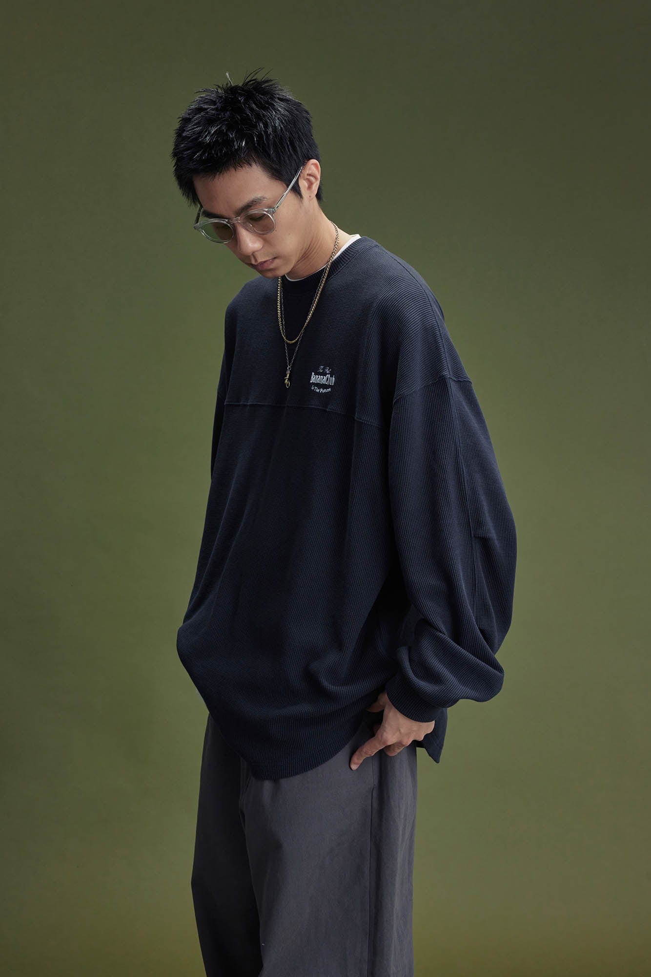 BANANA CLUB Waffle Knit Spliced Long-Sleeve Tee