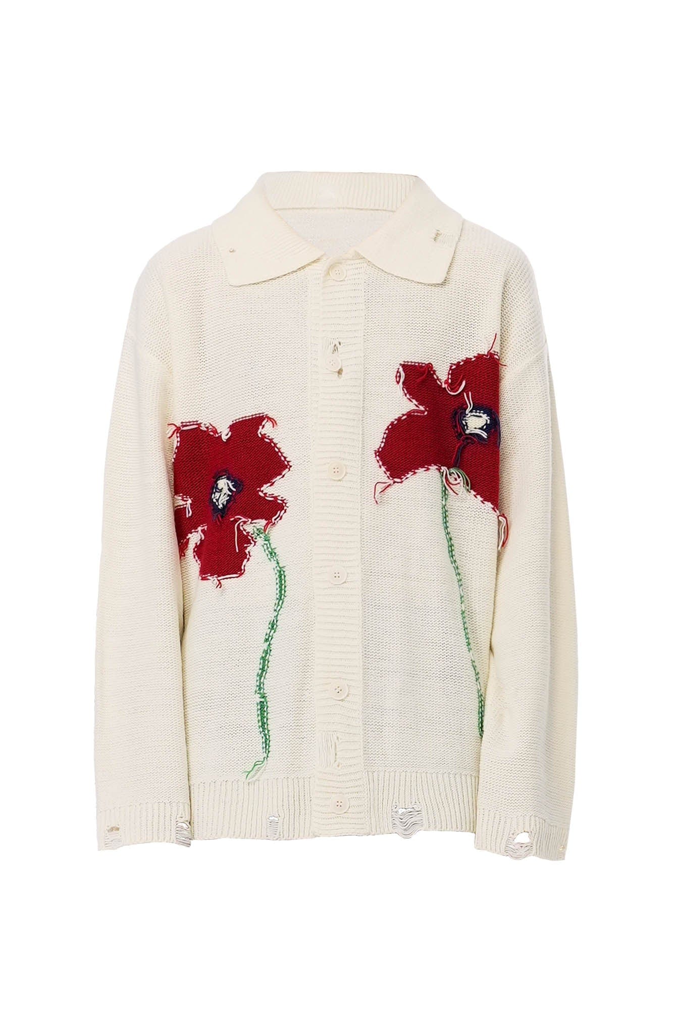 OIPWORD Spring Flower Distressed Cardigan
