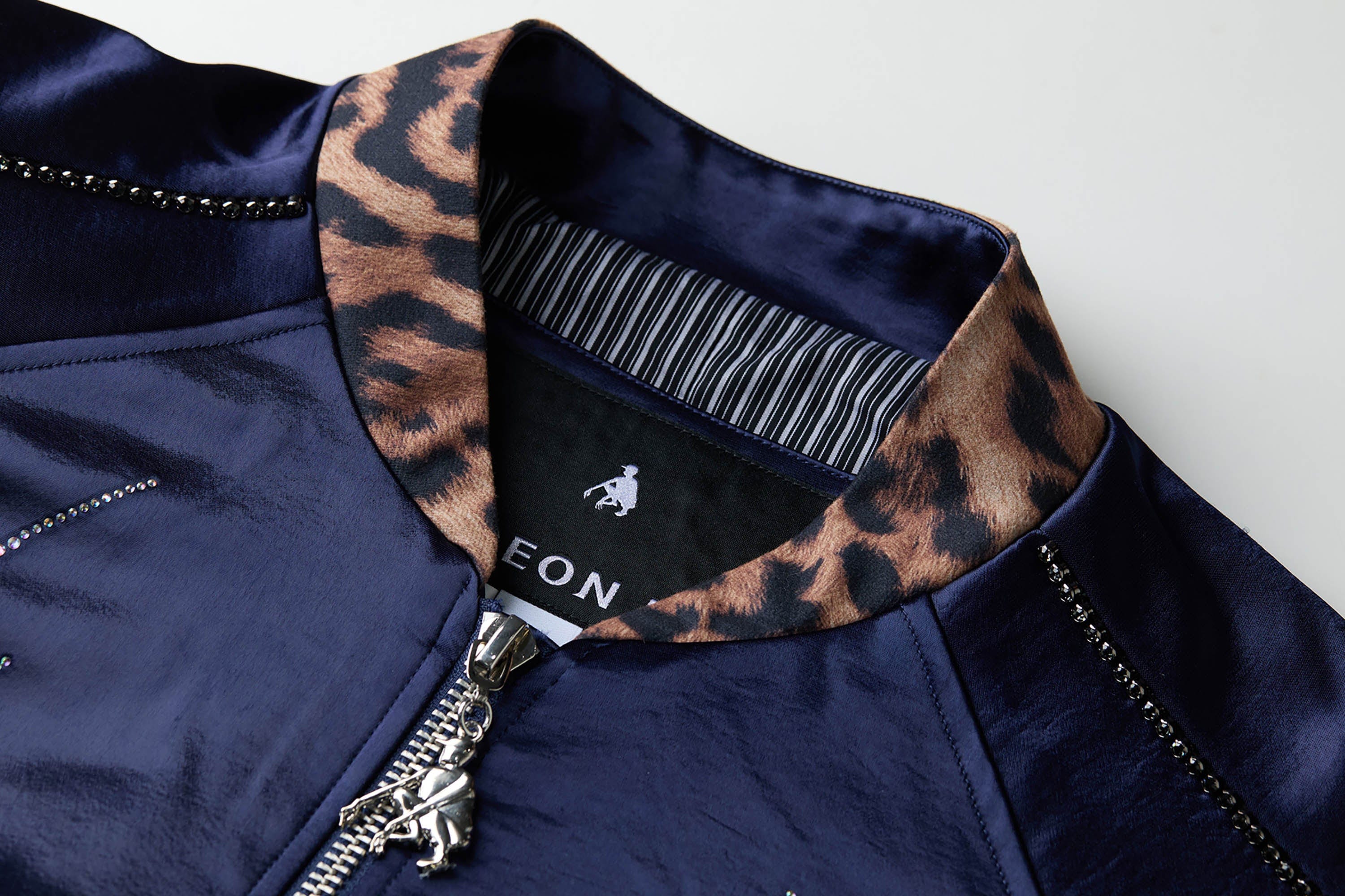 FACEONLAB Rivet Diamond Satin Leopard-Collar Jacket