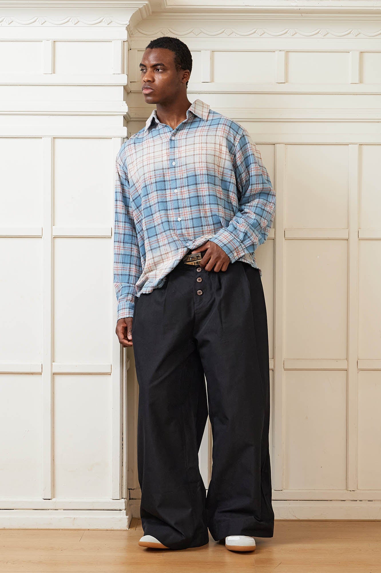 KREATE Crinkled Button-Fly Wide-Leg Pants