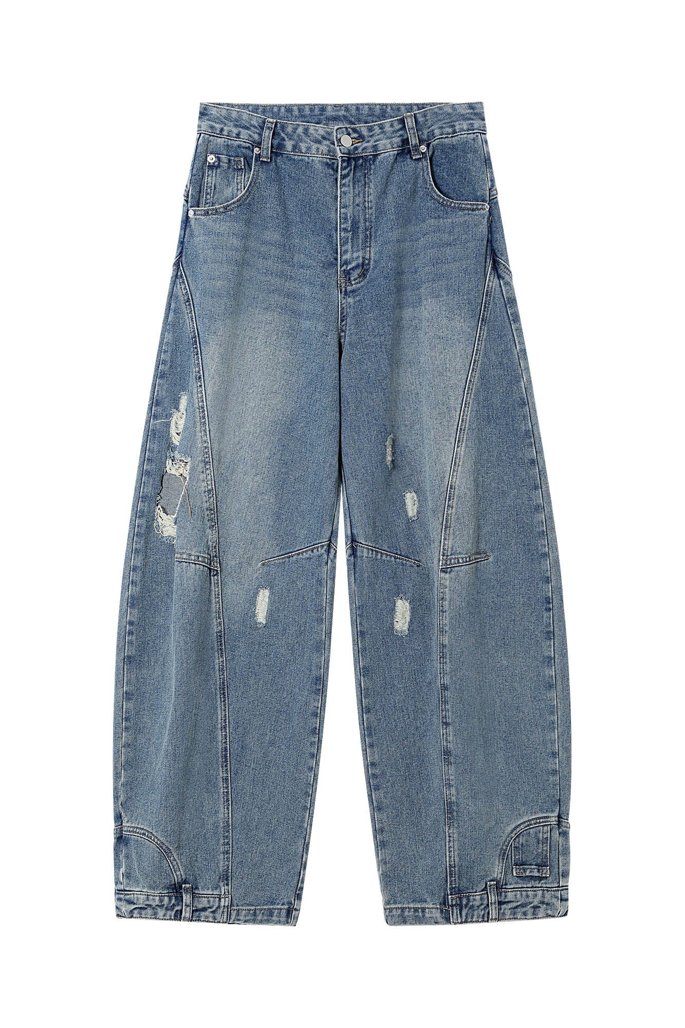CLP Inverted-Waist Hem Paneled Distressed Jeans