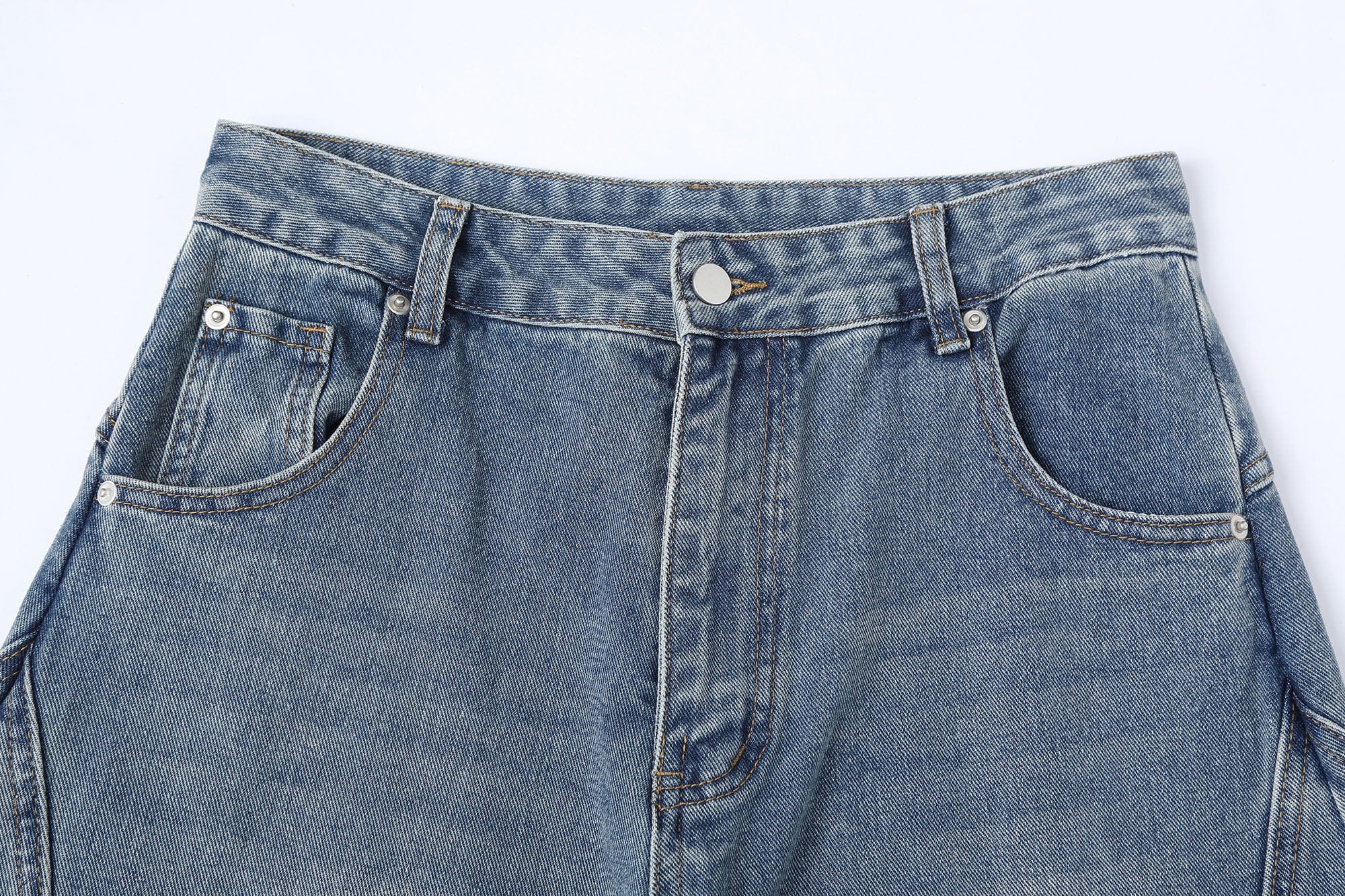 CLP Inverted-Waist Hem Paneled Distressed Jeans