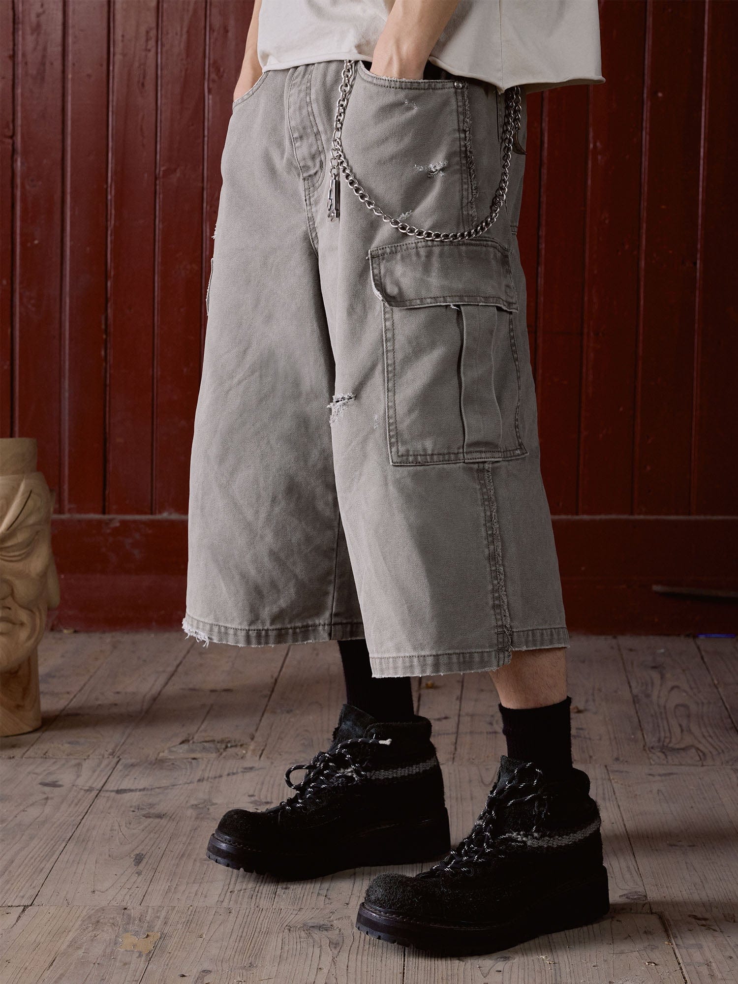 IN EXISTENCE Distressed Multi-Pocket Straight-Leg Cargo Shorts