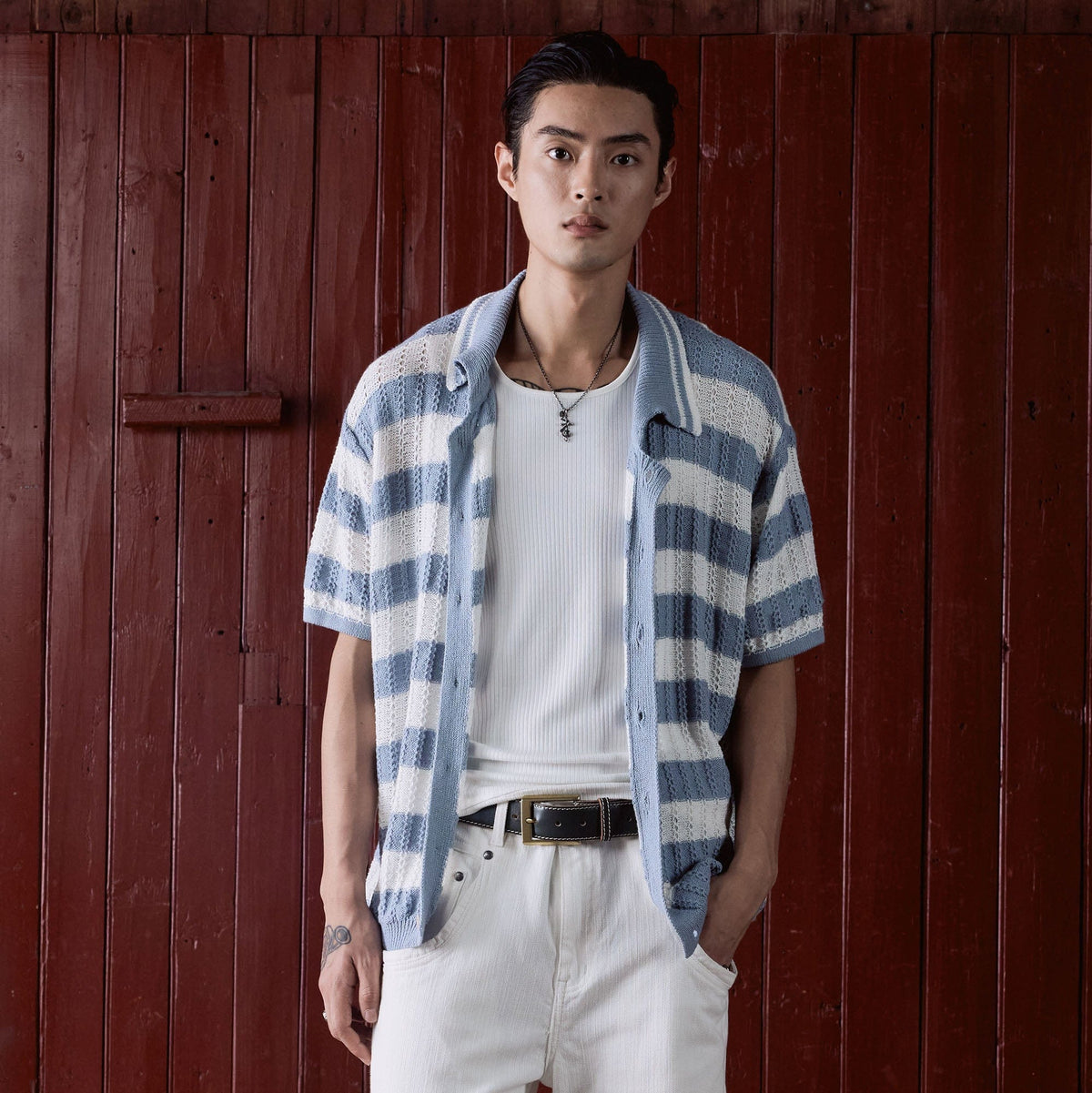 IN EXISTENCE Striped Openwork Jacquard Knitted Polo Cardigan