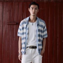 IN EXISTENCE Striped Openwork Jacquard Knitted Polo Cardigan