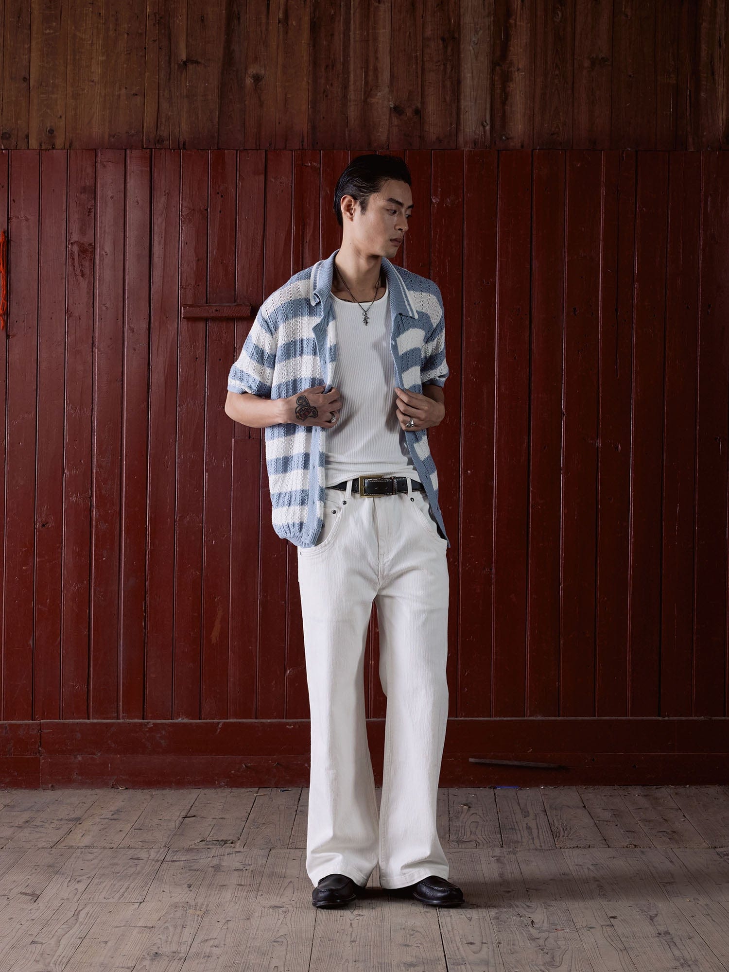 IN EXISTENCE Striped Openwork Jacquard Knitted Polo Cardigan