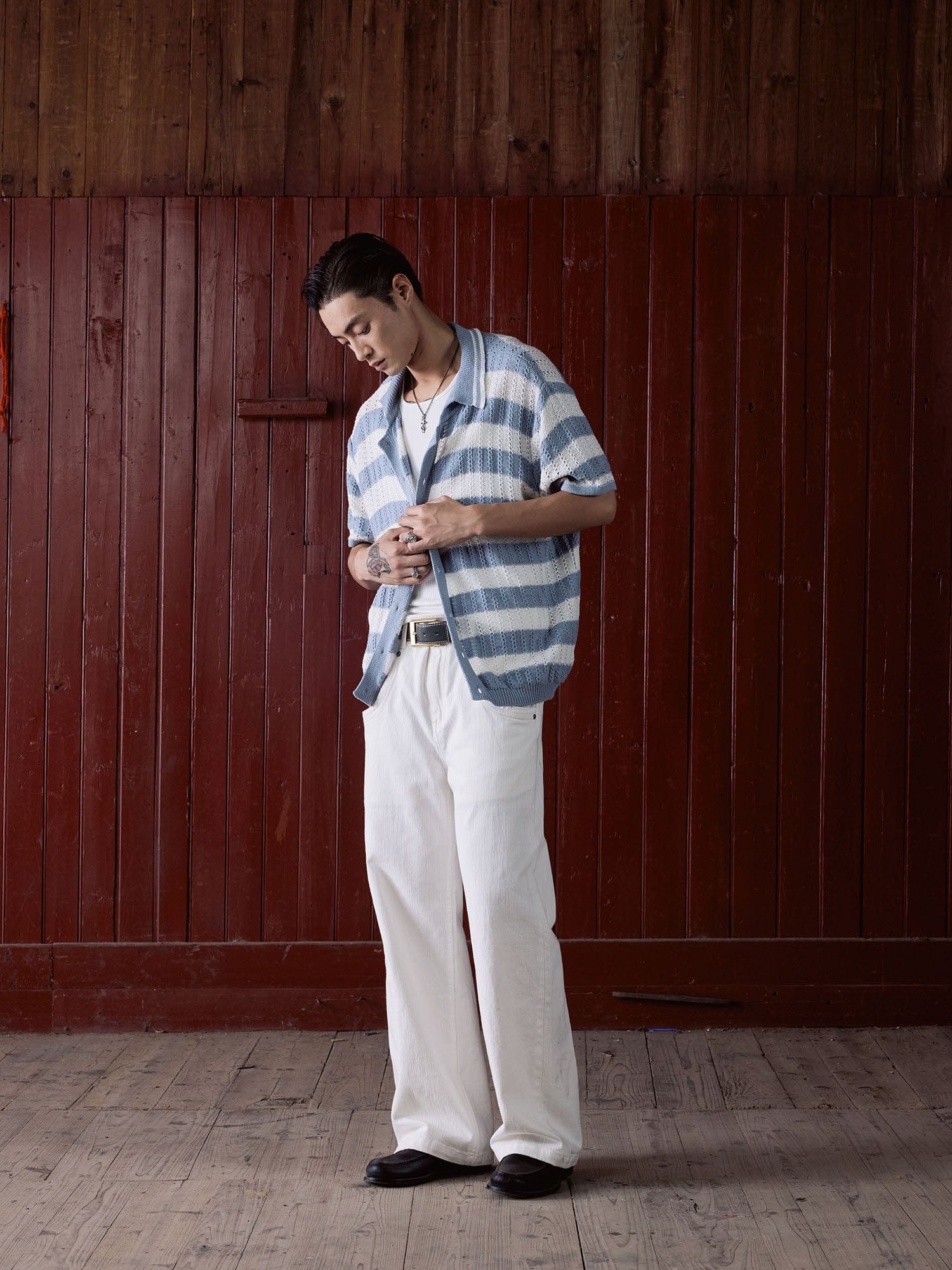 IN EXISTENCE Striped Openwork Jacquard Knitted Polo Cardigan