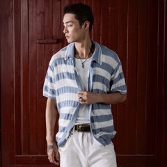 IN EXISTENCE Striped Openwork Jacquard Knitted Polo Cardigan