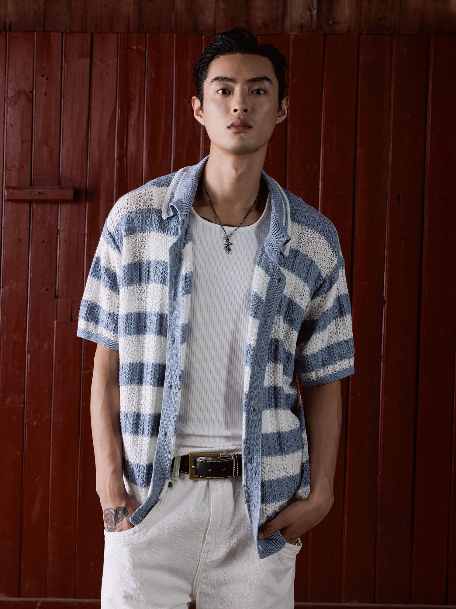 IN EXISTENCE Striped Openwork Jacquard Knitted Polo Cardigan