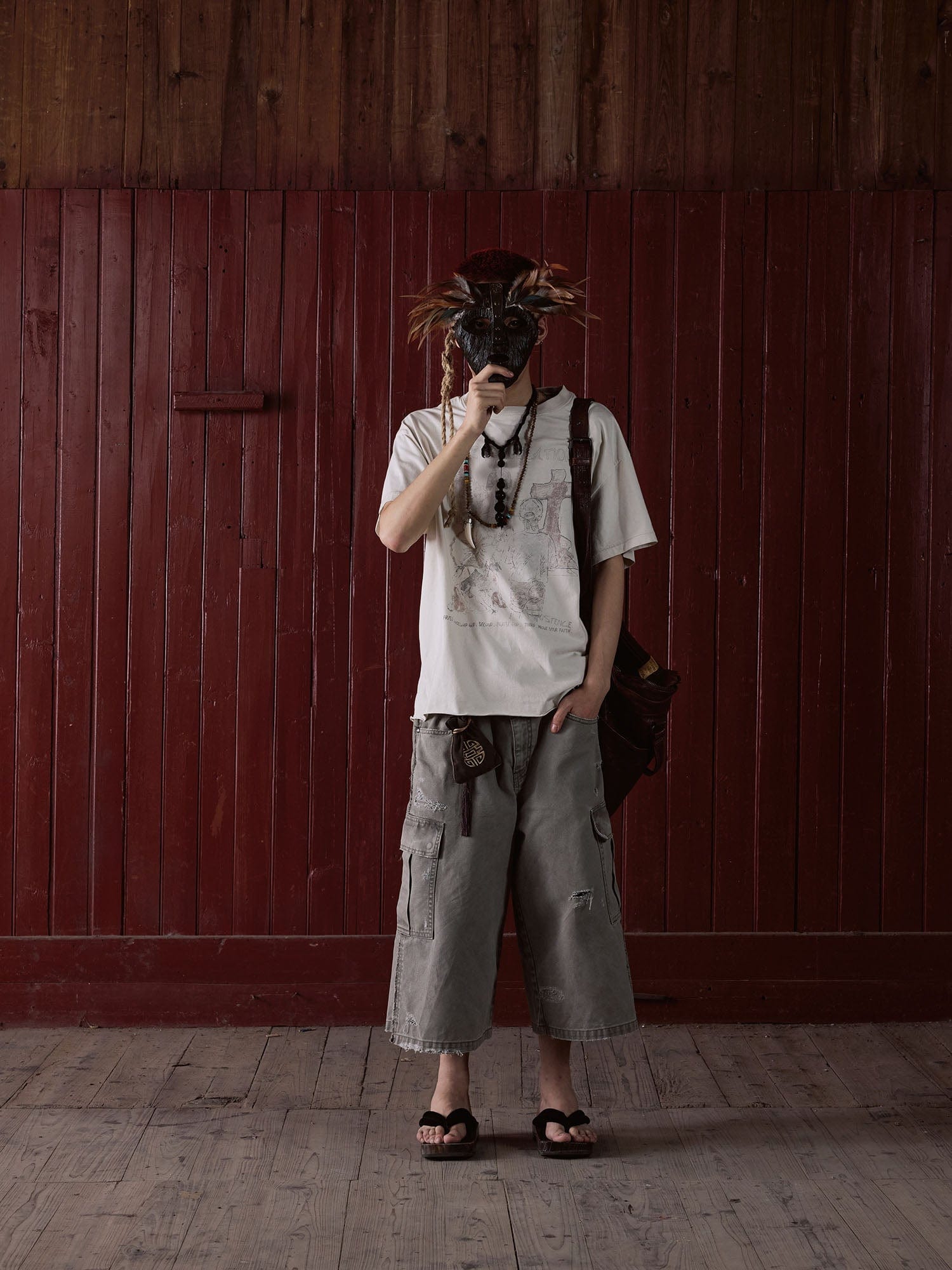 IN EXISTENCE Distressed Multi-Pocket Straight-Leg Cargo Shorts