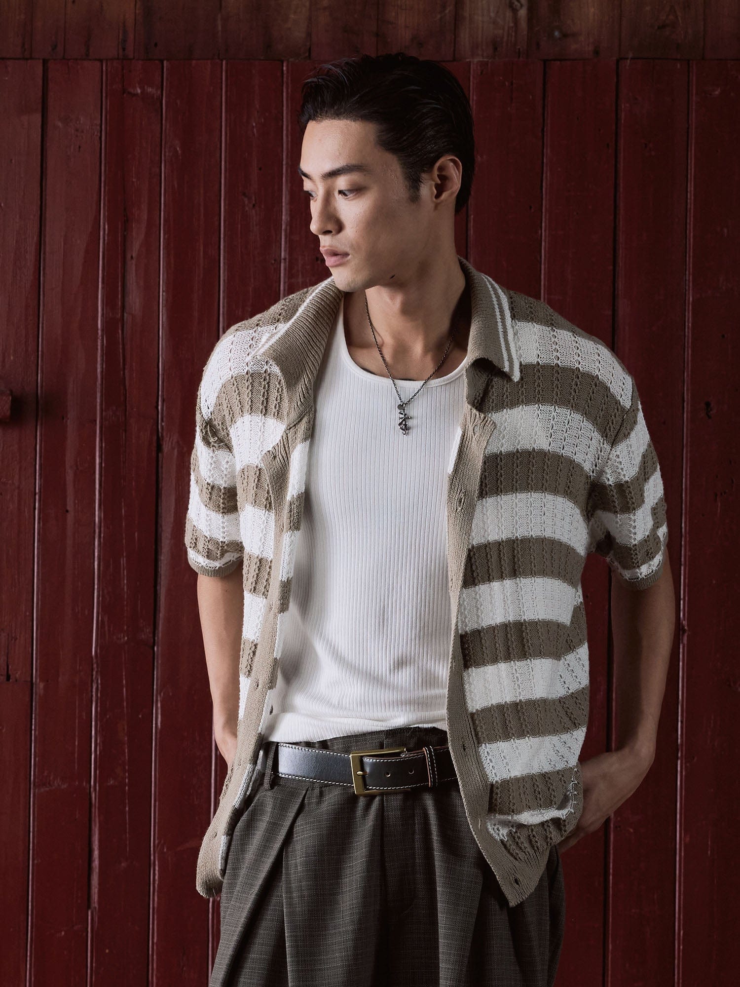 IN EXISTENCE Striped Openwork Jacquard Knitted Polo Cardigan