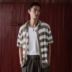 IN EXISTENCE Striped Openwork Jacquard Knitted Polo Cardigan