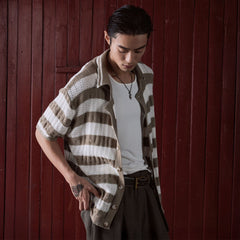 IN EXISTENCE Striped Openwork Jacquard Knitted Polo Cardigan