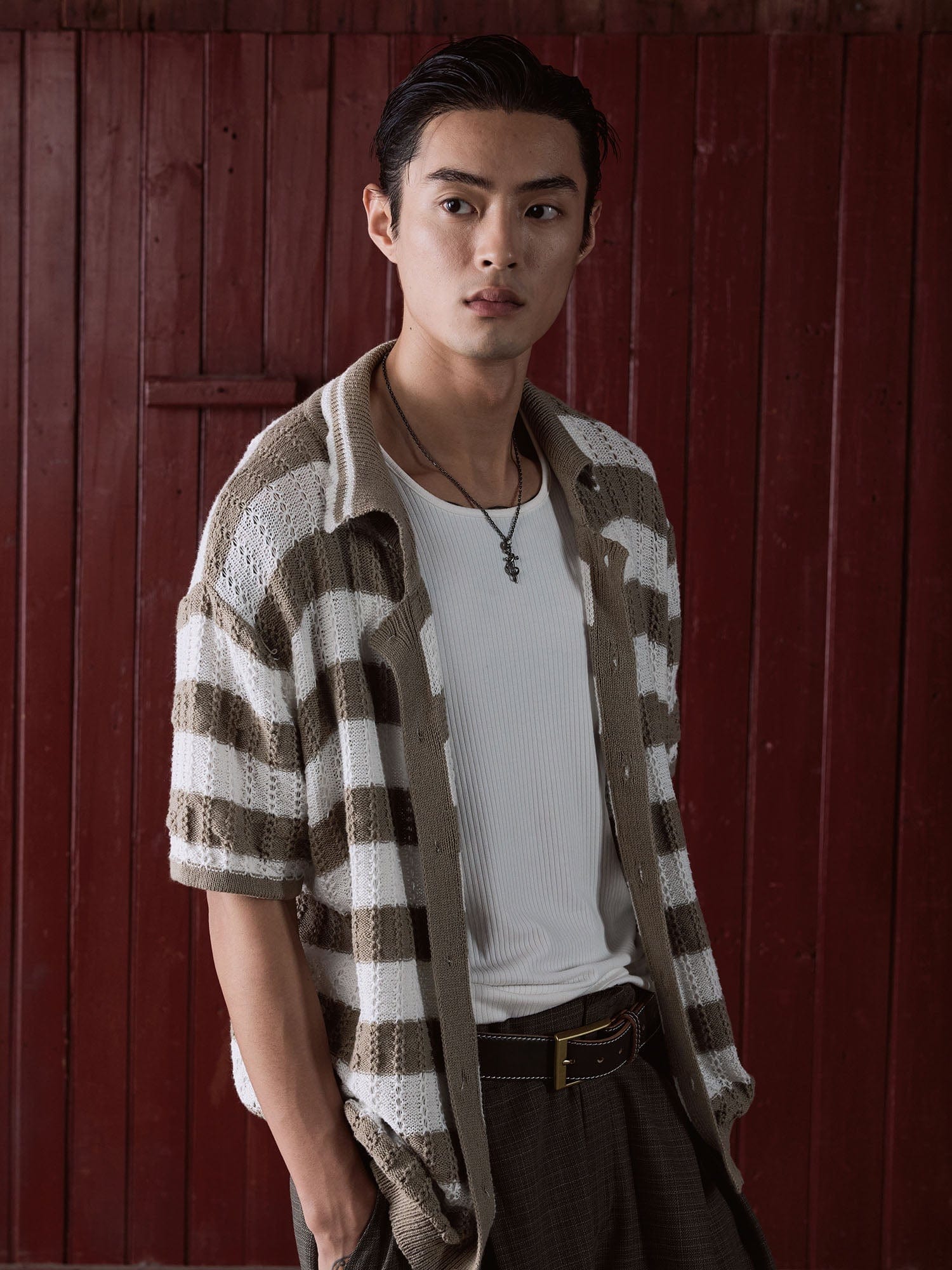IN EXISTENCE Striped Openwork Jacquard Knitted Polo Cardigan