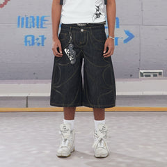 DND4DES Batwing Spliced Double-Waistband Raw Denim Shorts