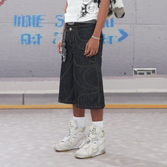 DND4DES Batwing Spliced Double-Waistband Raw Denim Shorts