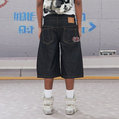 DND4DES Batwing Spliced Double-Waistband Raw Denim Shorts