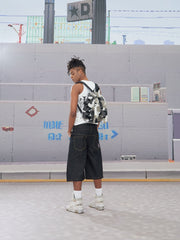 DND4DES Batwing Spliced Double-Waistband Raw Denim Shorts