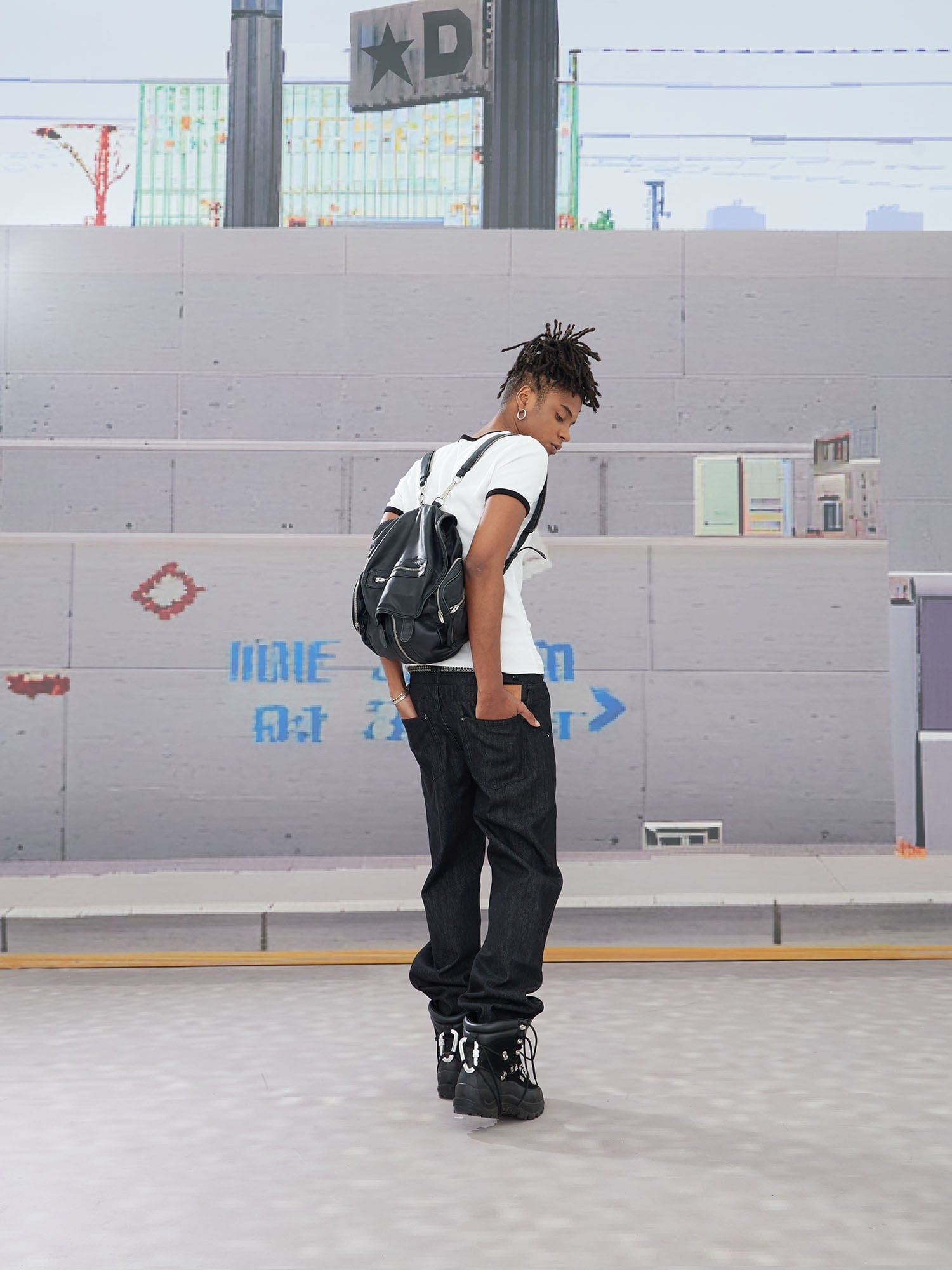 DND4DES Slanted Zipper Lace-Up Double-Waistband Raw Jeans