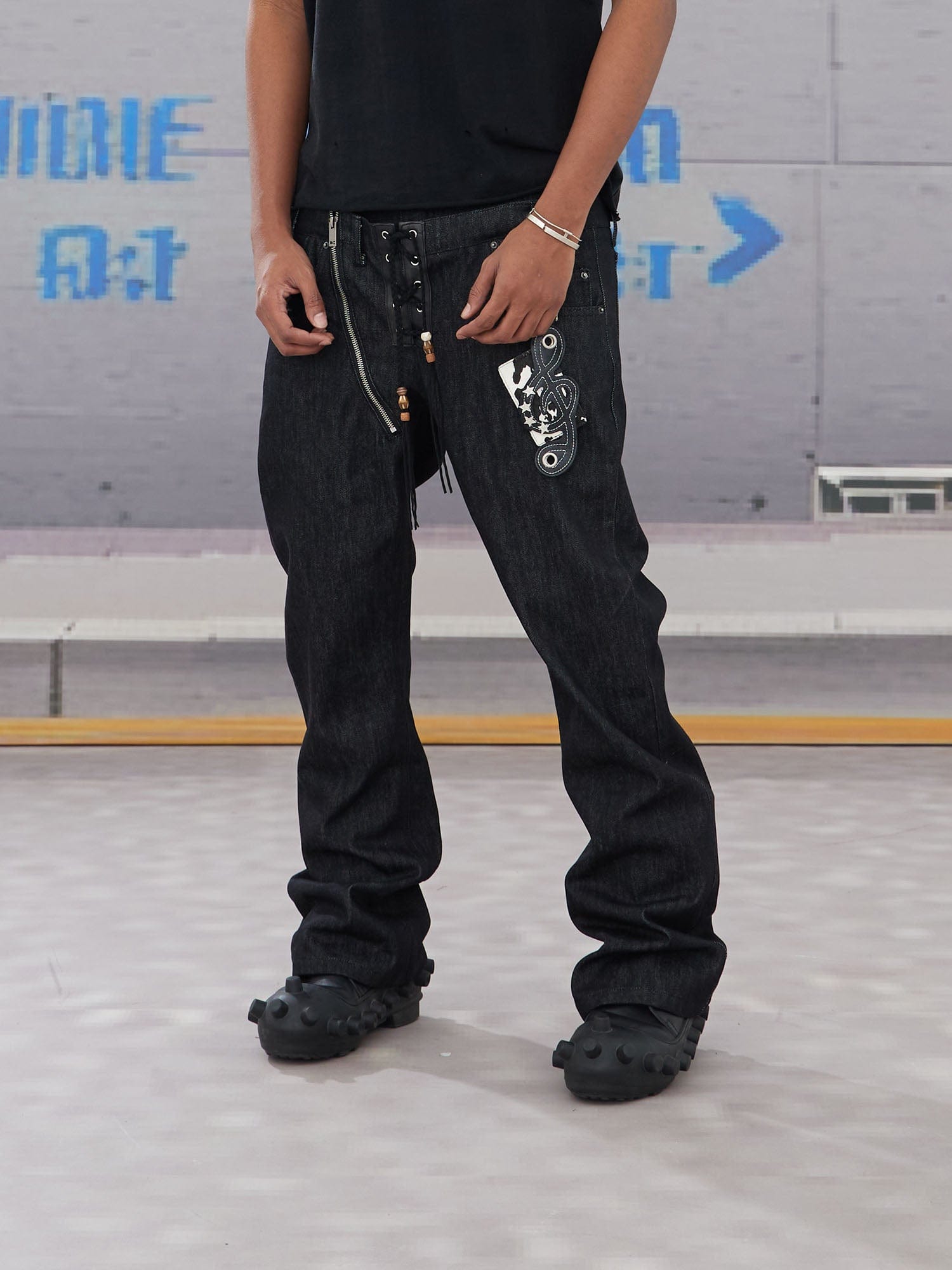 DND4DES Slanted Zipper Lace-Up Double-Waistband Raw Jeans