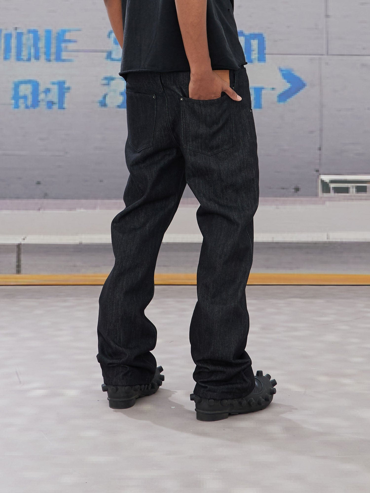 DND4DES Slanted Zipper Lace-Up Double-Waistband Raw Jeans