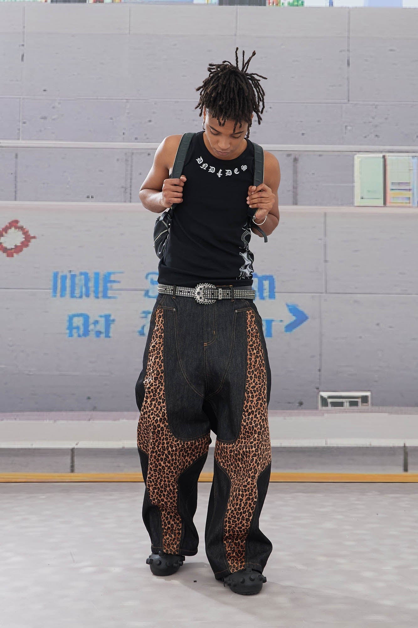 DND4DES Leopard-Paneled Curved Baggy Jeans