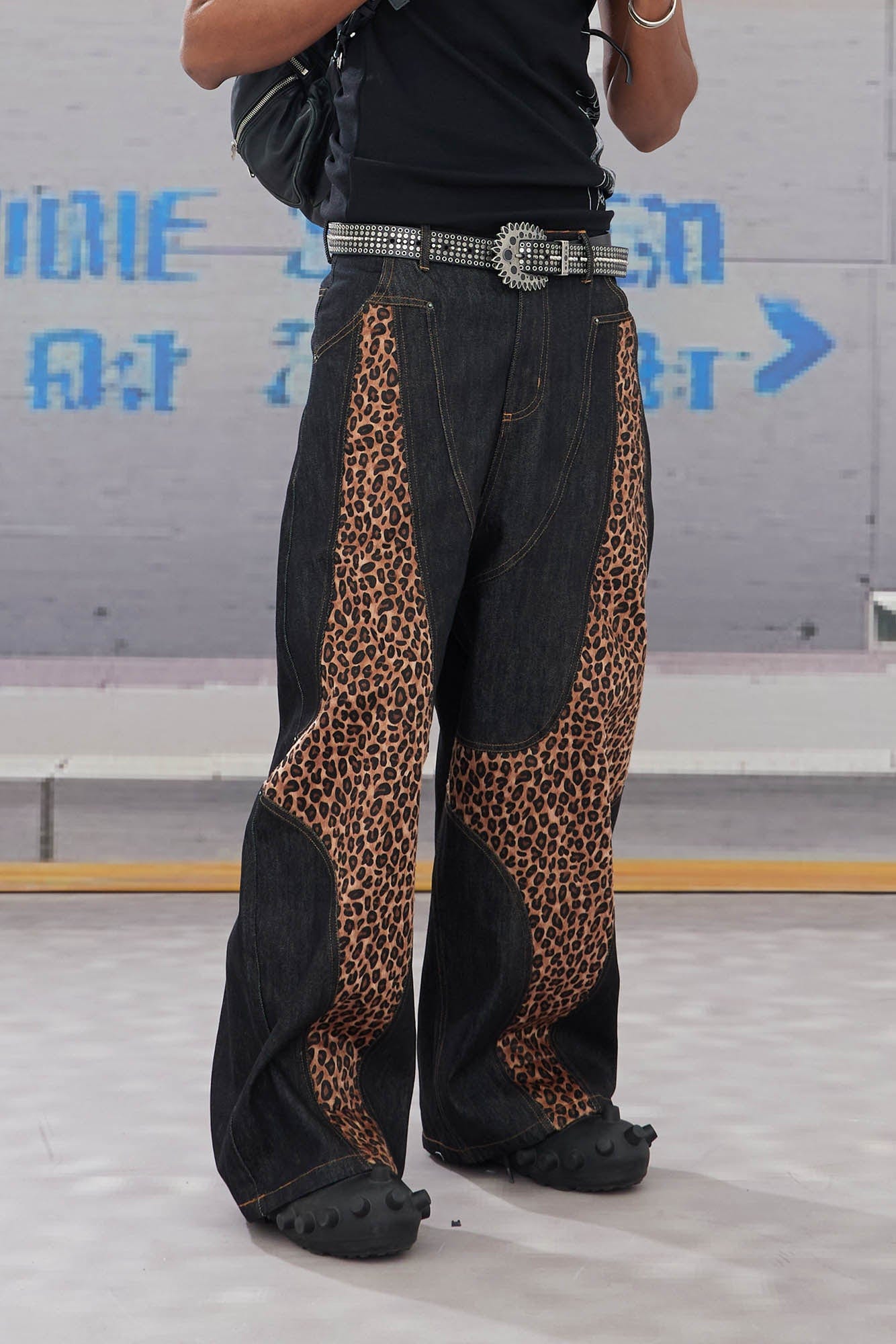 DND4DES Leopard-Paneled Curved Baggy Jeans