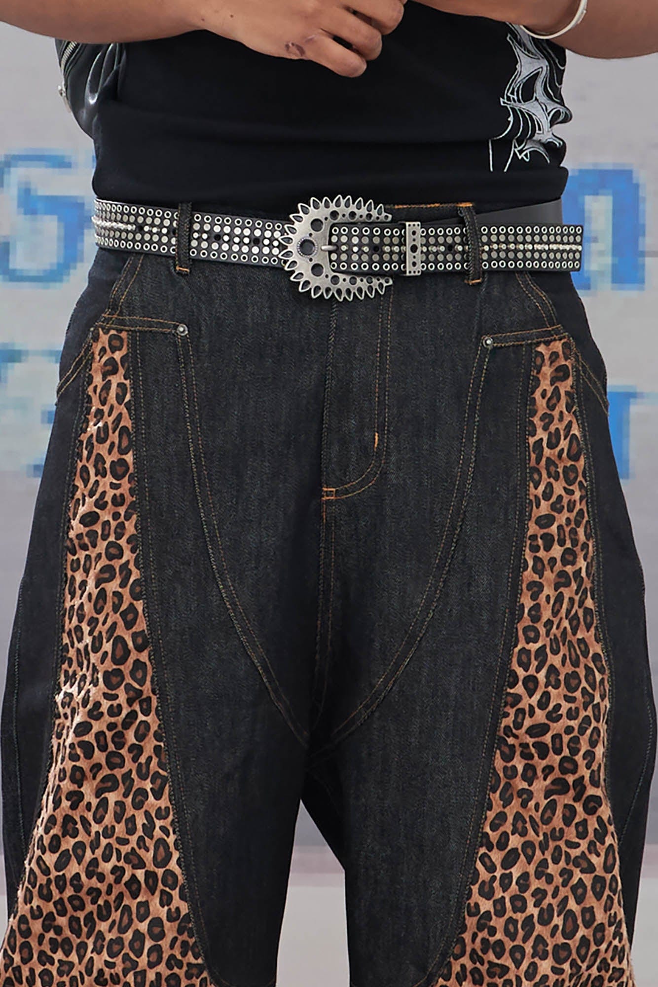 DND4DES Leopard-Paneled Curved Baggy Jeans
