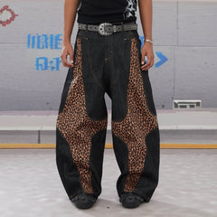 DND4DES Leopard-Paneled Curved Baggy Jeans