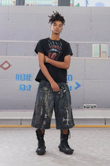DND4DES Croc Cross Panel Washed Bermuda Denim Shorts