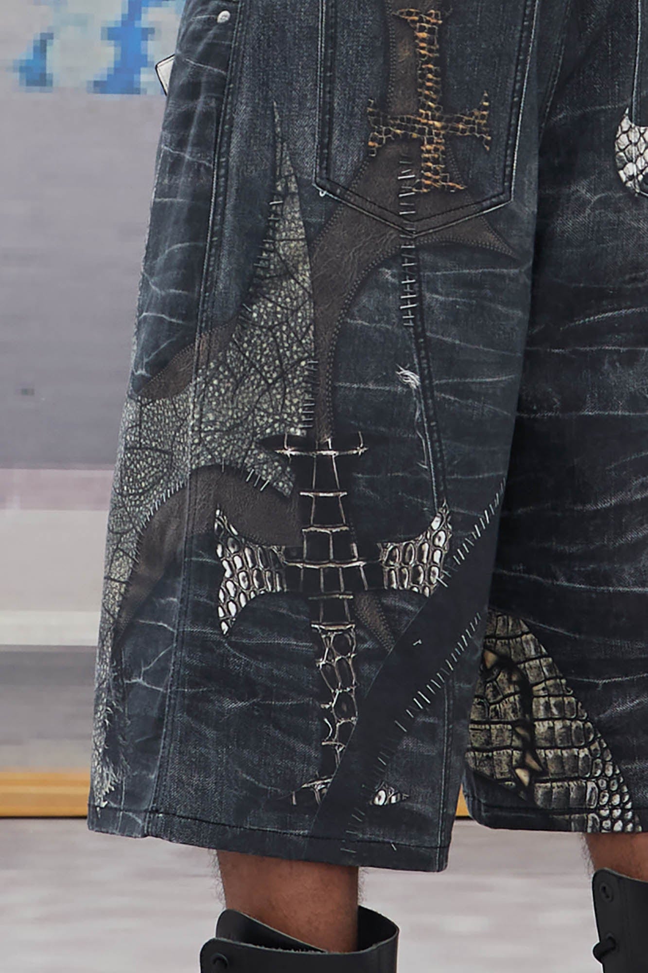 DND4DES Croc Cross Panel Washed Bermuda Denim Shorts