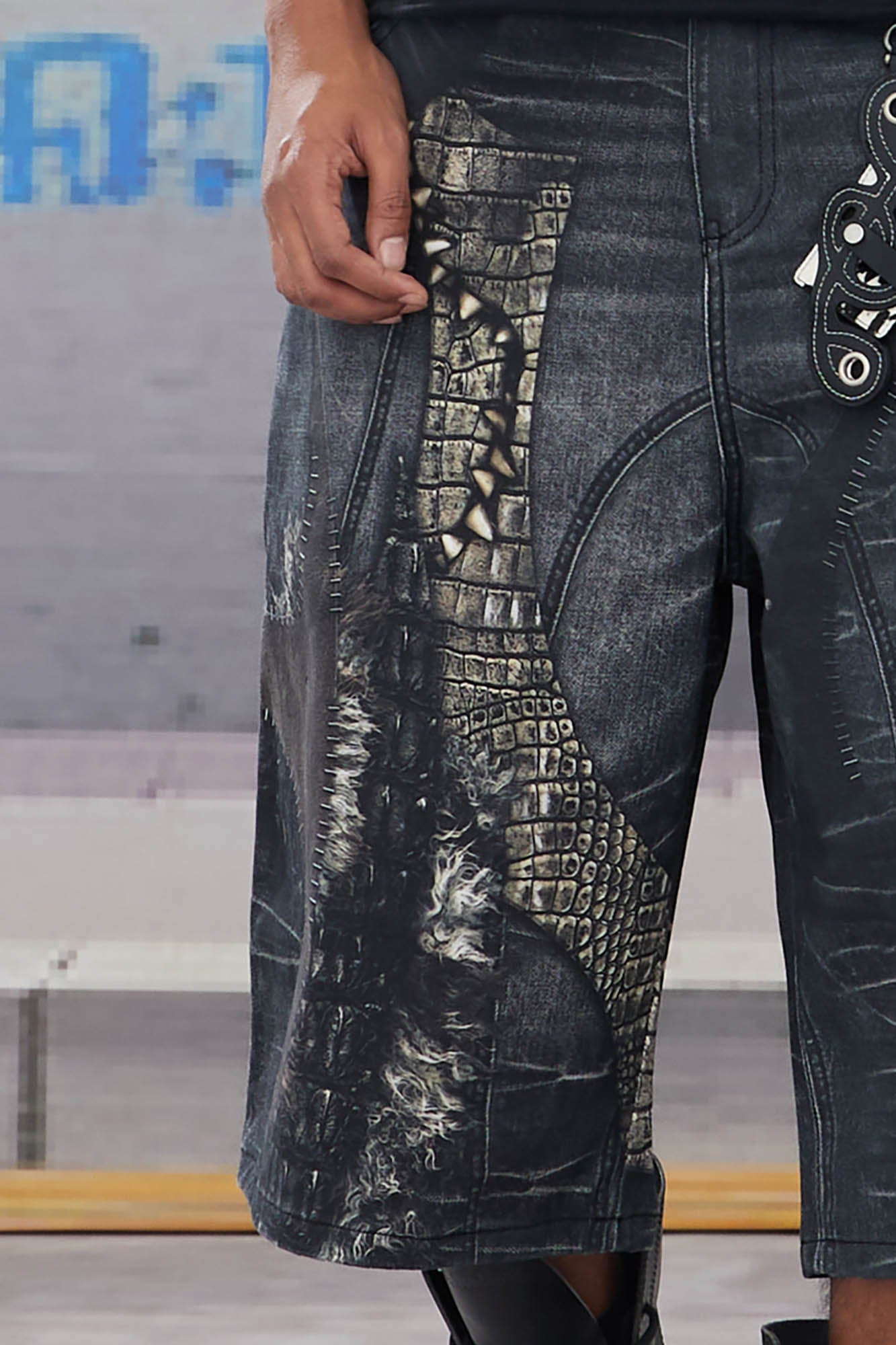 DND4DES Croc Cross Panel Washed Bermuda Denim Shorts