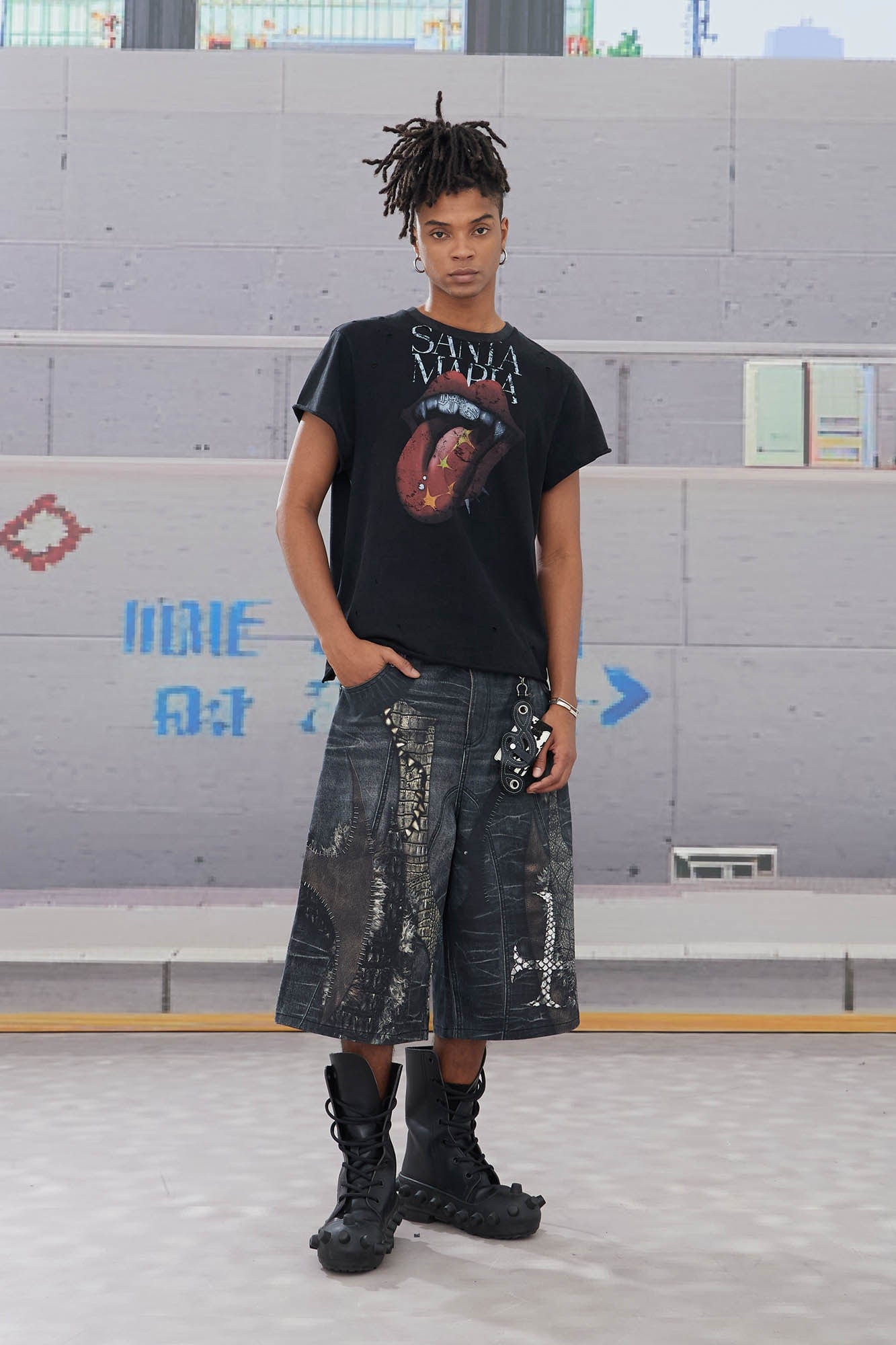 DND4DES Croc Cross Panel Washed Bermuda Denim Shorts