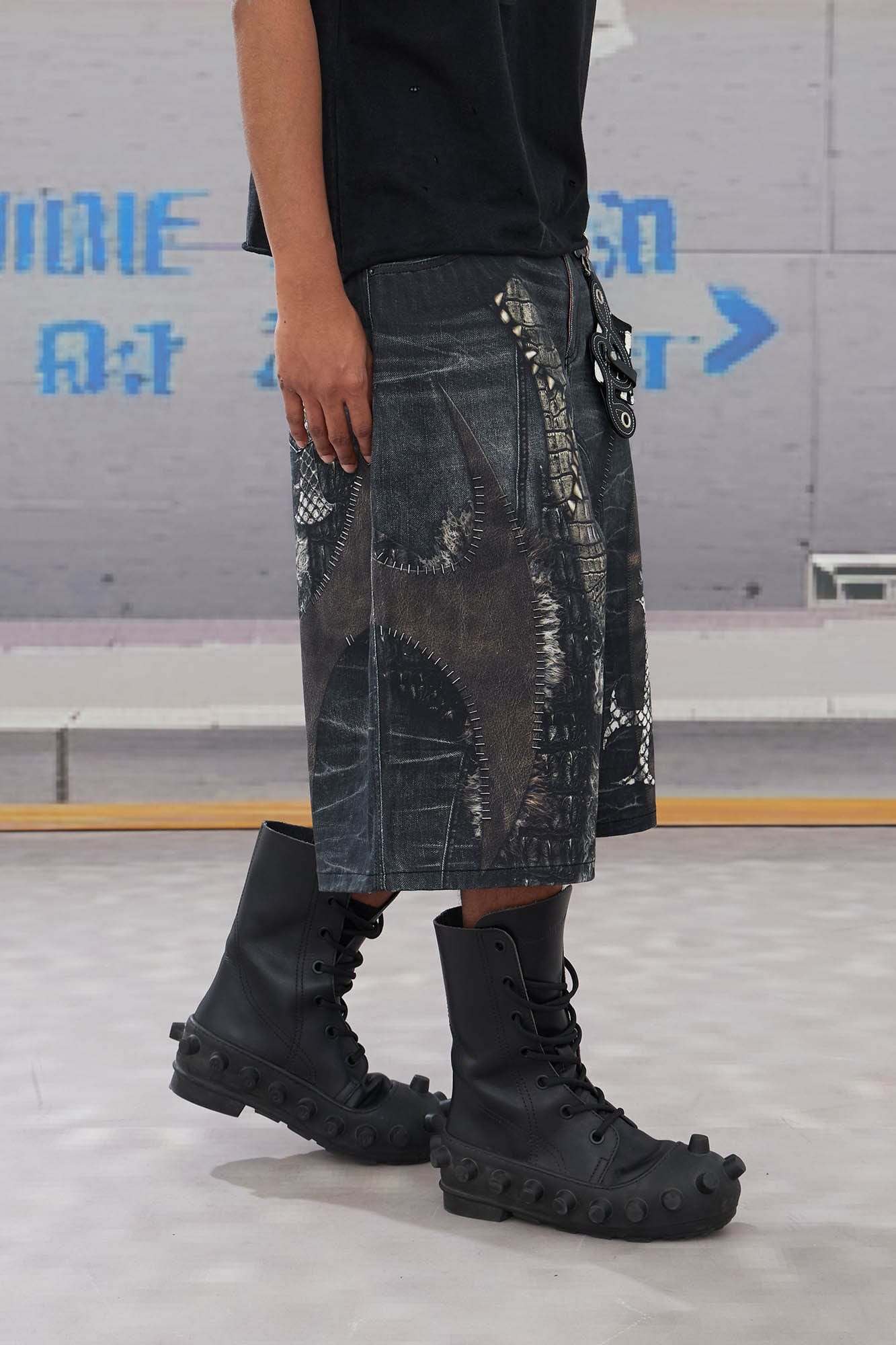 DND4DES Croc Cross Panel Washed Bermuda Denim Shorts