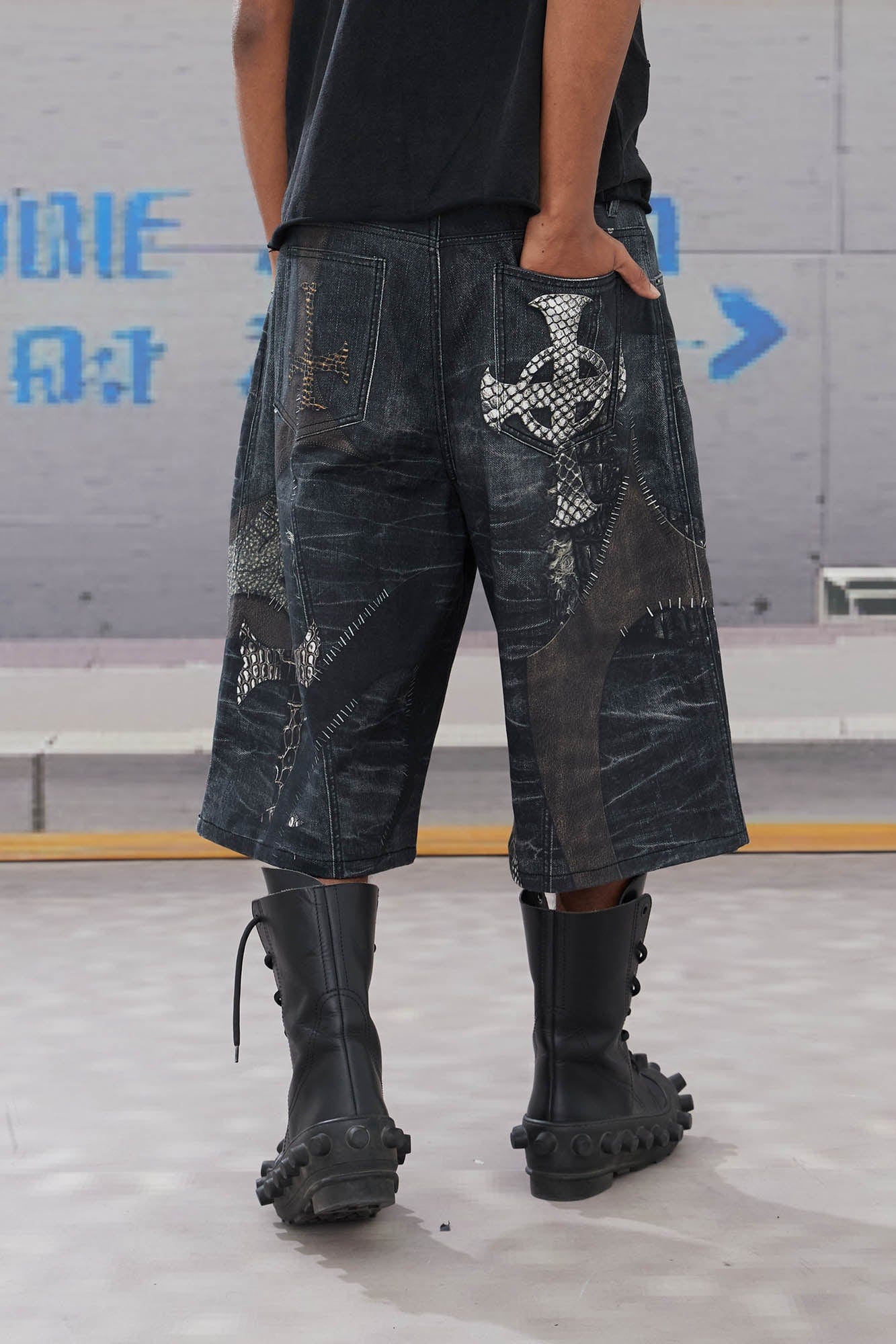 DND4DES Croc Cross Panel Washed Bermuda Denim Shorts