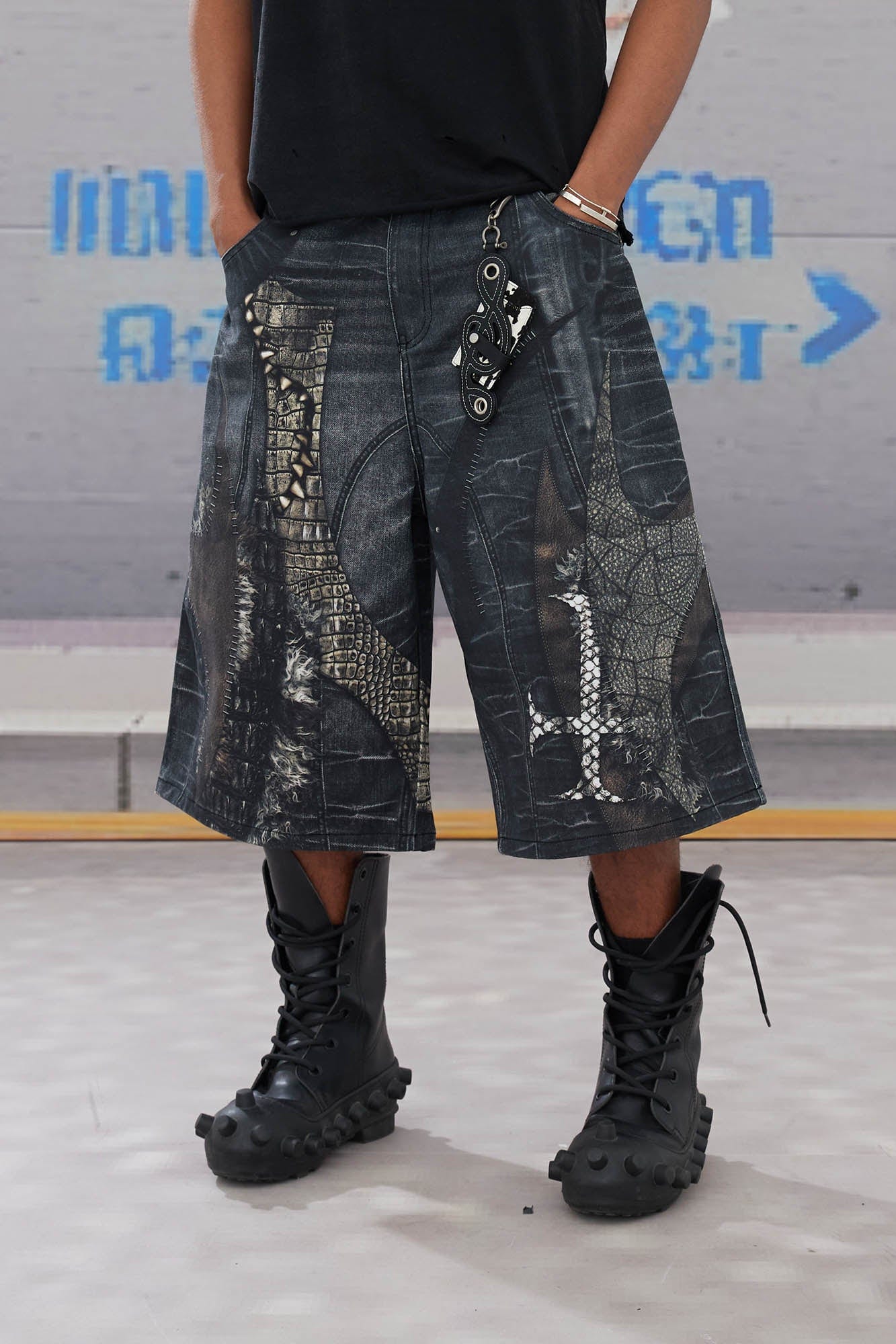 DND4DES Croc Cross Panel Washed Bermuda Denim Shorts