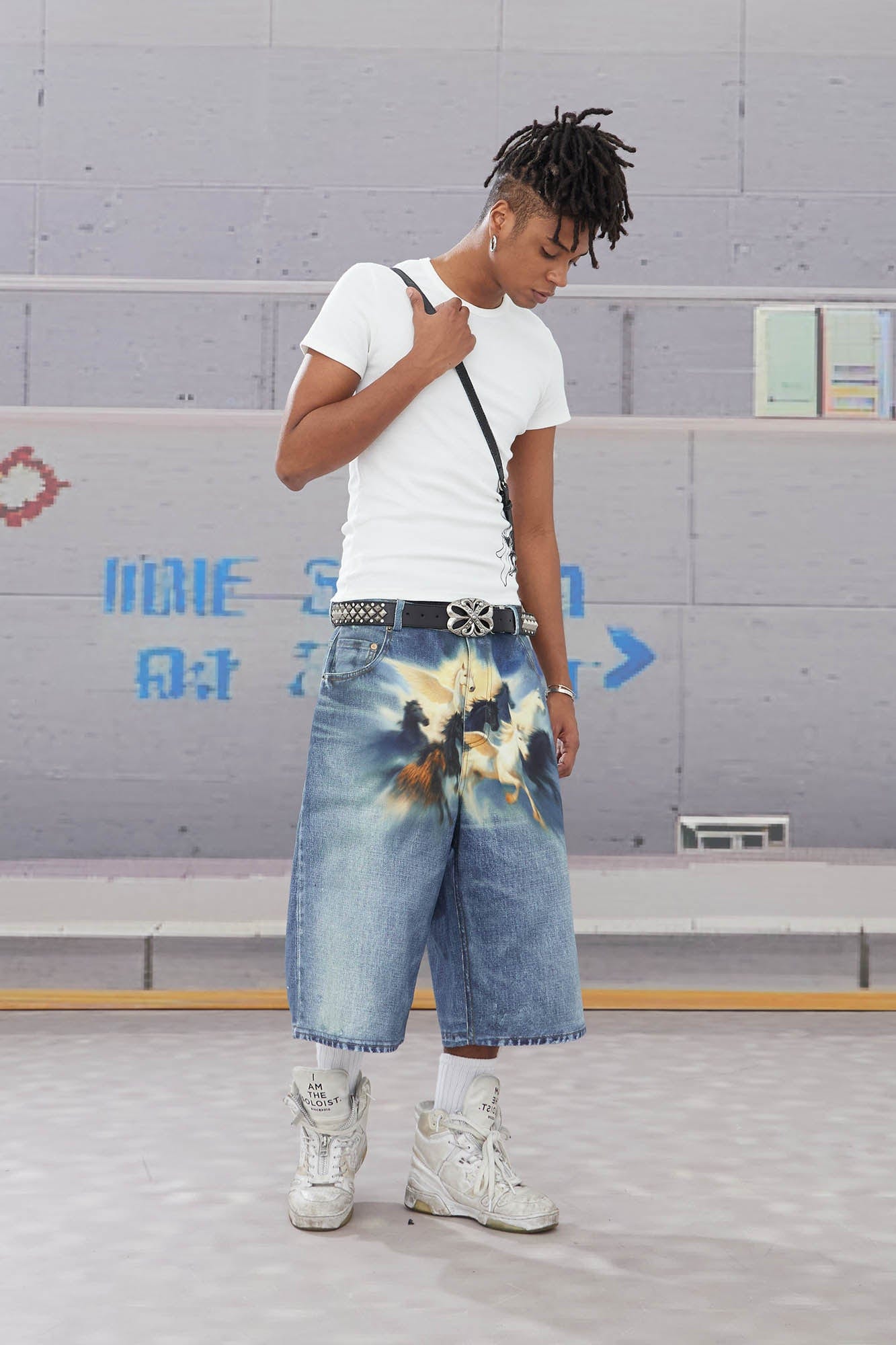DND4DES Horse Graphics Washed Bermuda Denim Shorts
