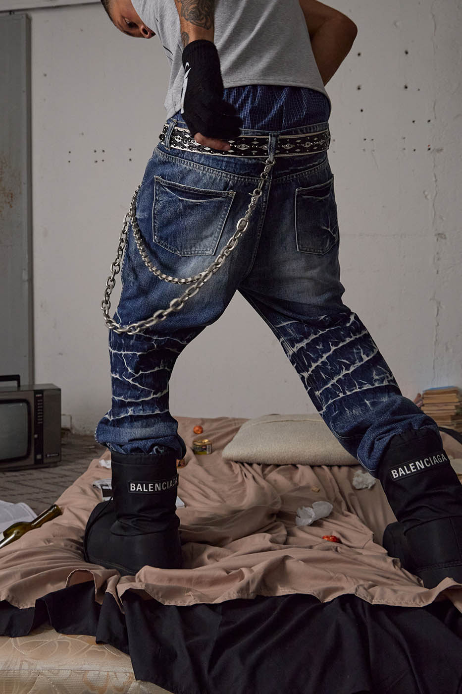 DND4DES Lightning-Creased Flared Jeans Blue
