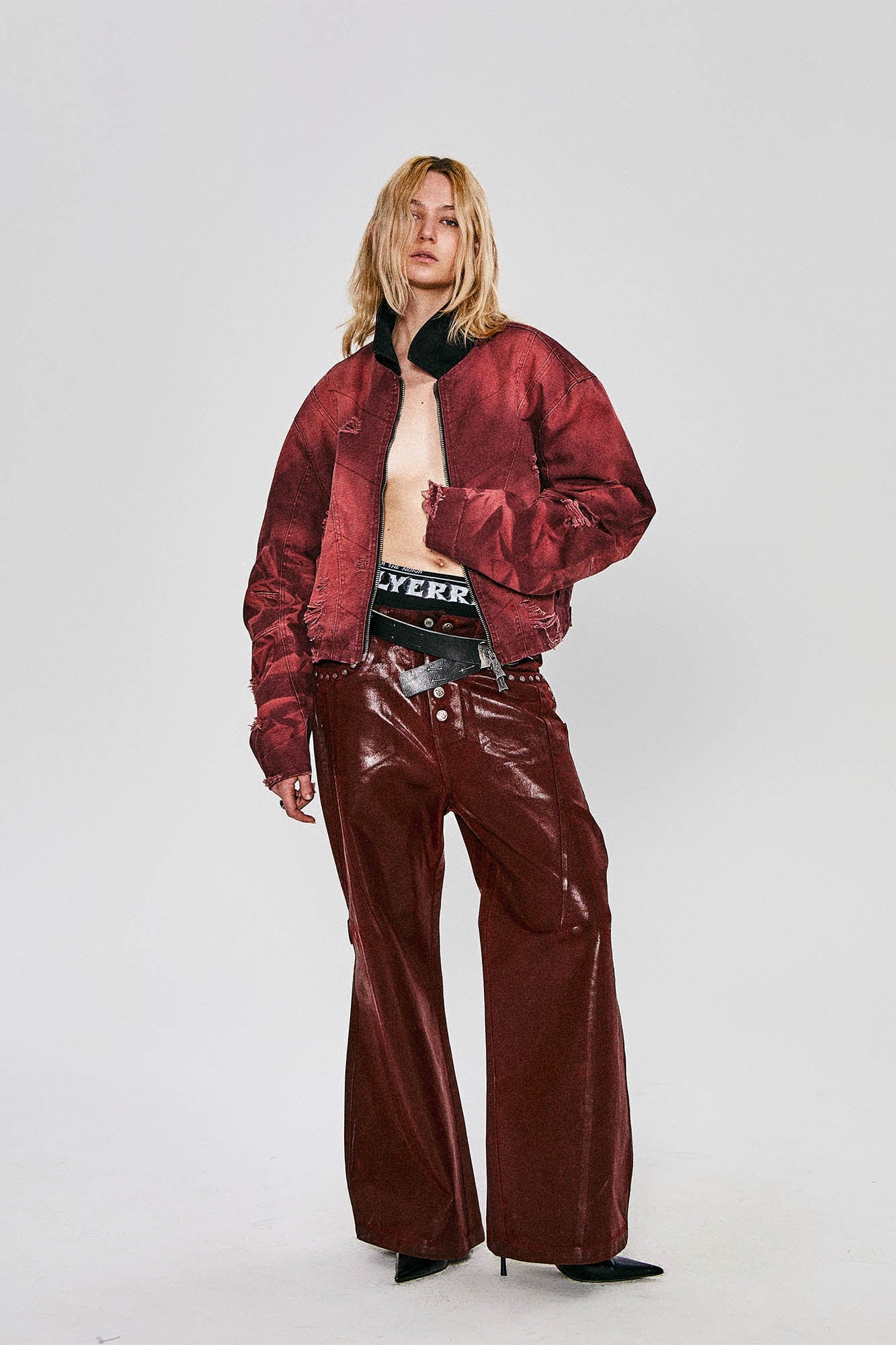 FLYERRER Distressed Curved Spliced Jacket Burgundy
