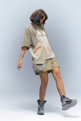XIPHEVIL Contrast Paneled Mesh Zip-Pocket Raglan T-Shirt Sand