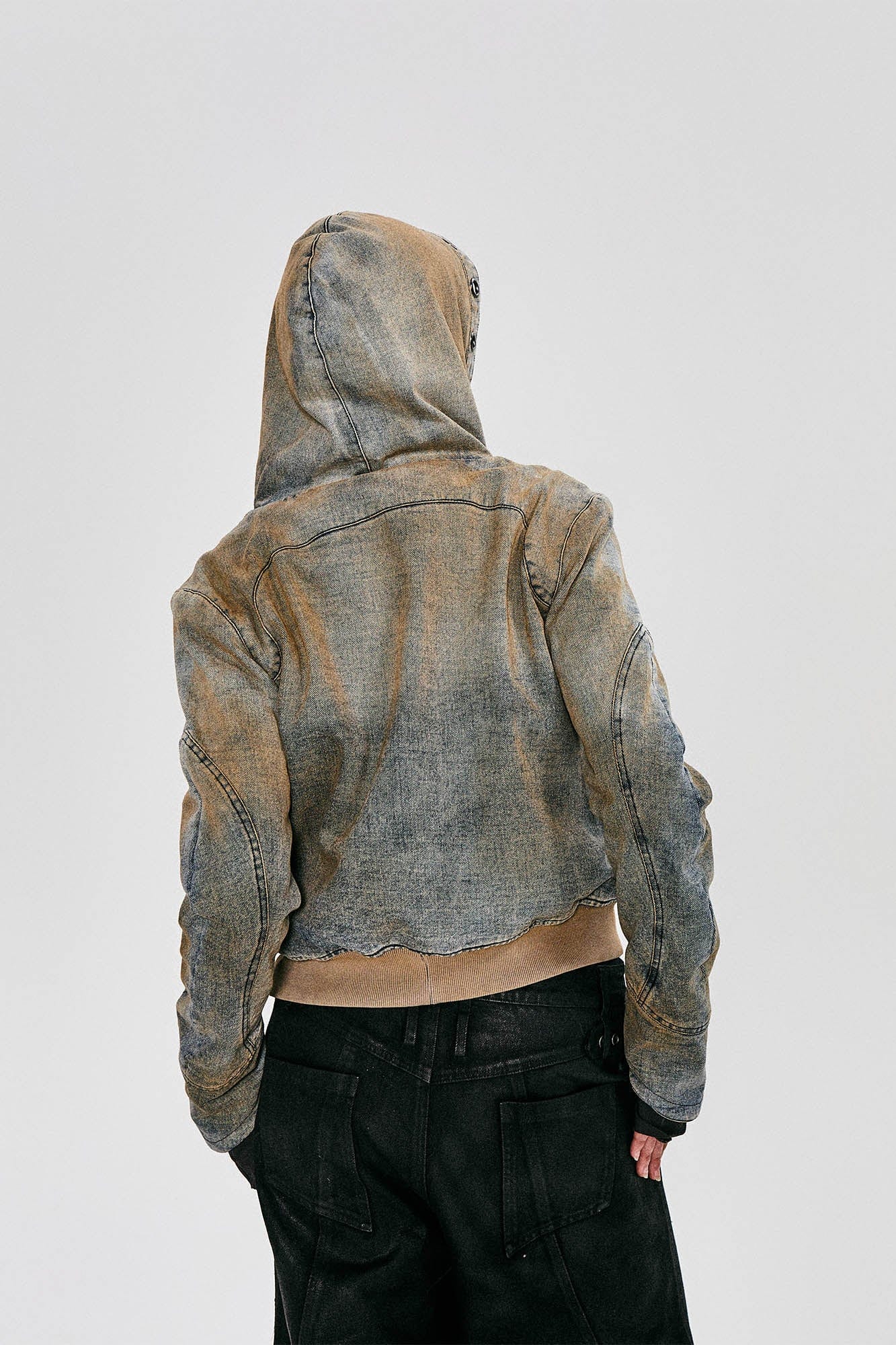FLYERRER Distressed Spliced Studded Hooded Short Denim Jacket