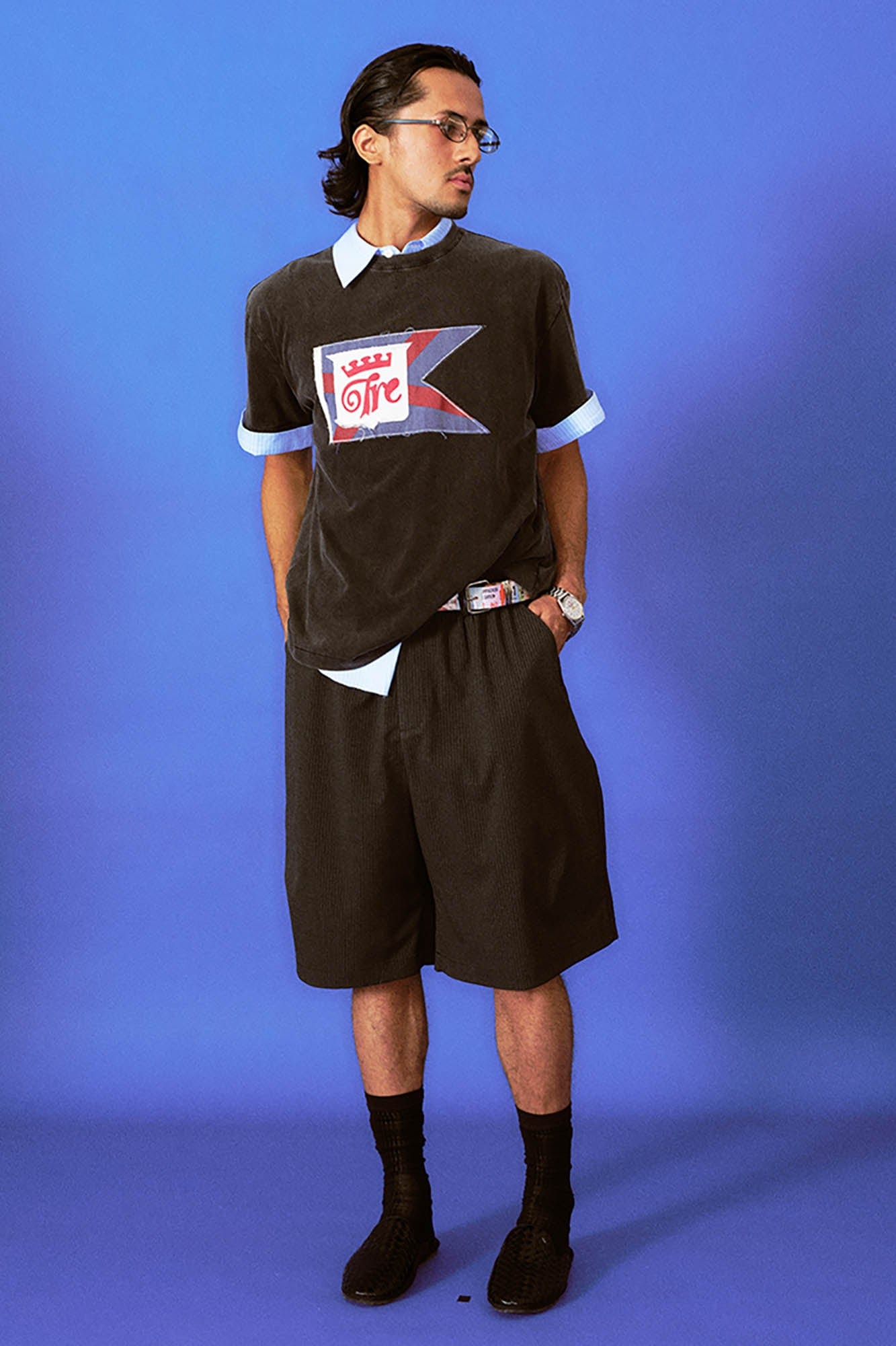 TRECLUB Frayed Patch Flag Washed T-Shirt