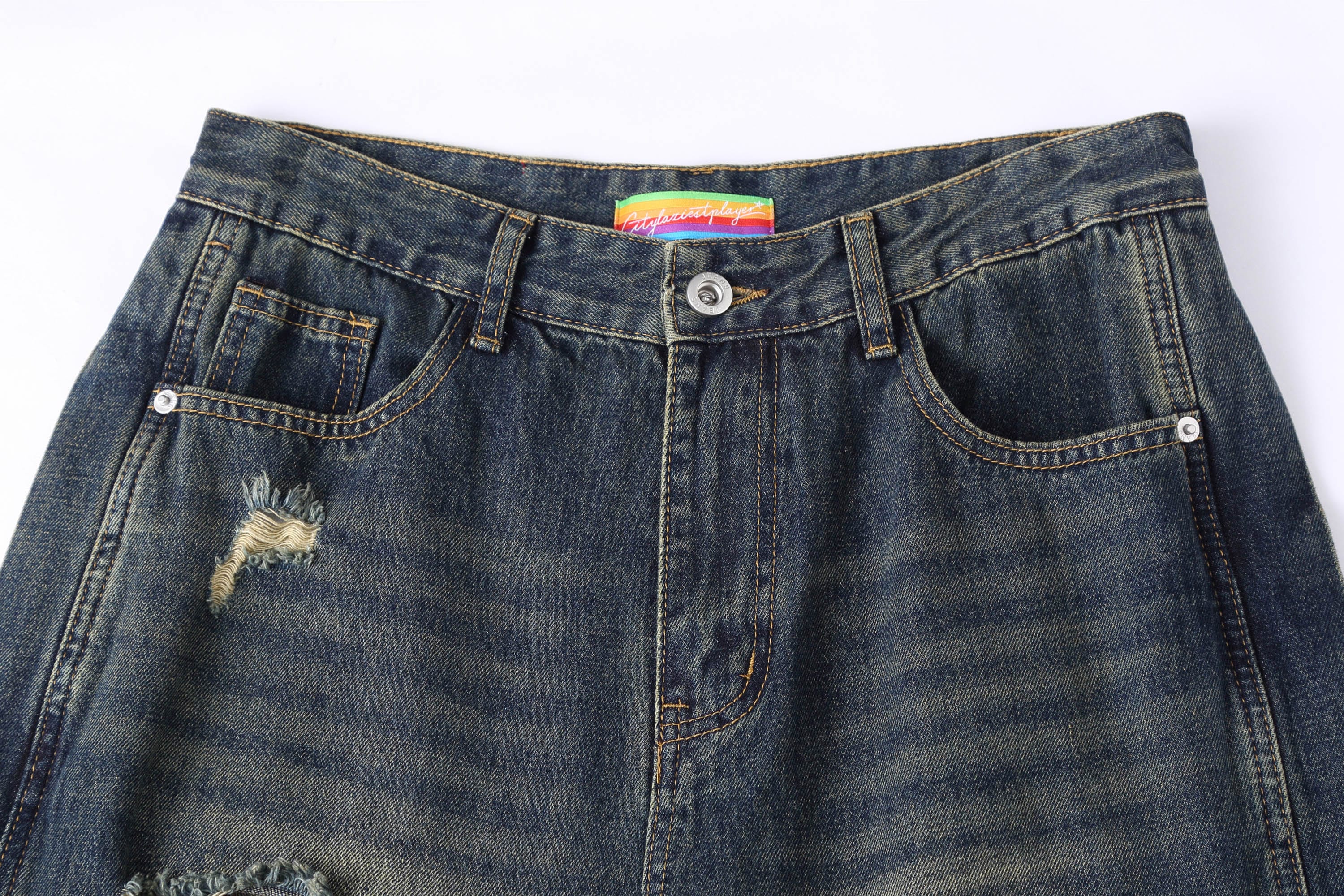 CLP Distressed Buttoned Wide-Leg Jeans